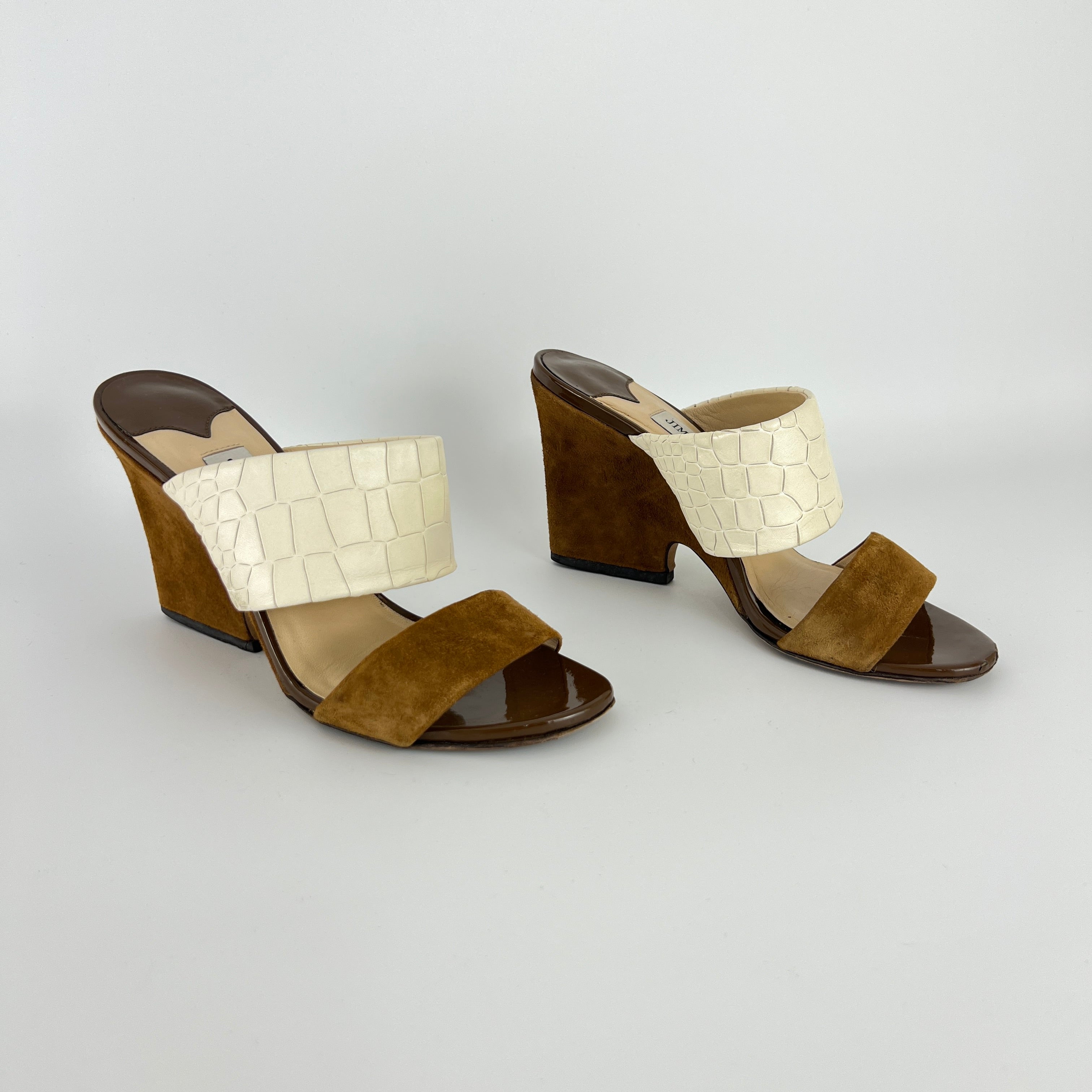 Jimmy Choo | White Croc Embossed Brown Suede Leather Wedge Sandal Heels (36)