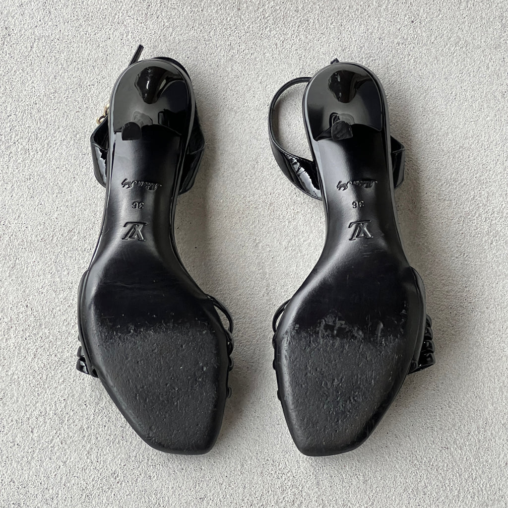 Louis Vuitton | Black Patent Leather Metal Logo Plate Strappy Slingback Heels (36)