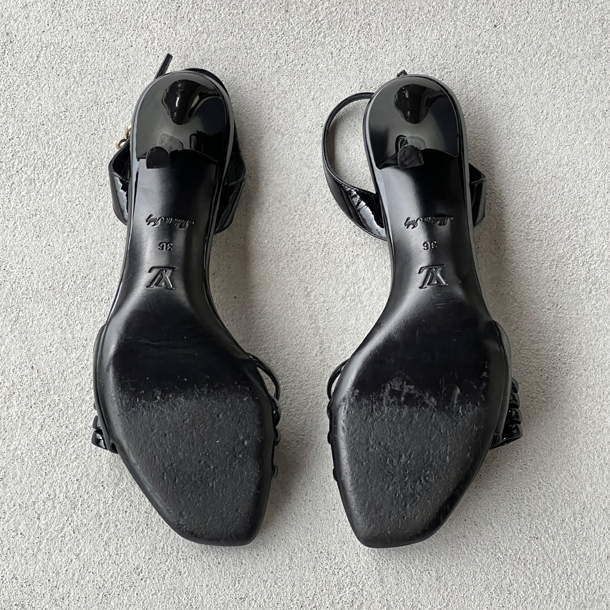 Louis Vuitton | Black Patent Leather Metal Logo Plate Strappy Slingback Heels (36)