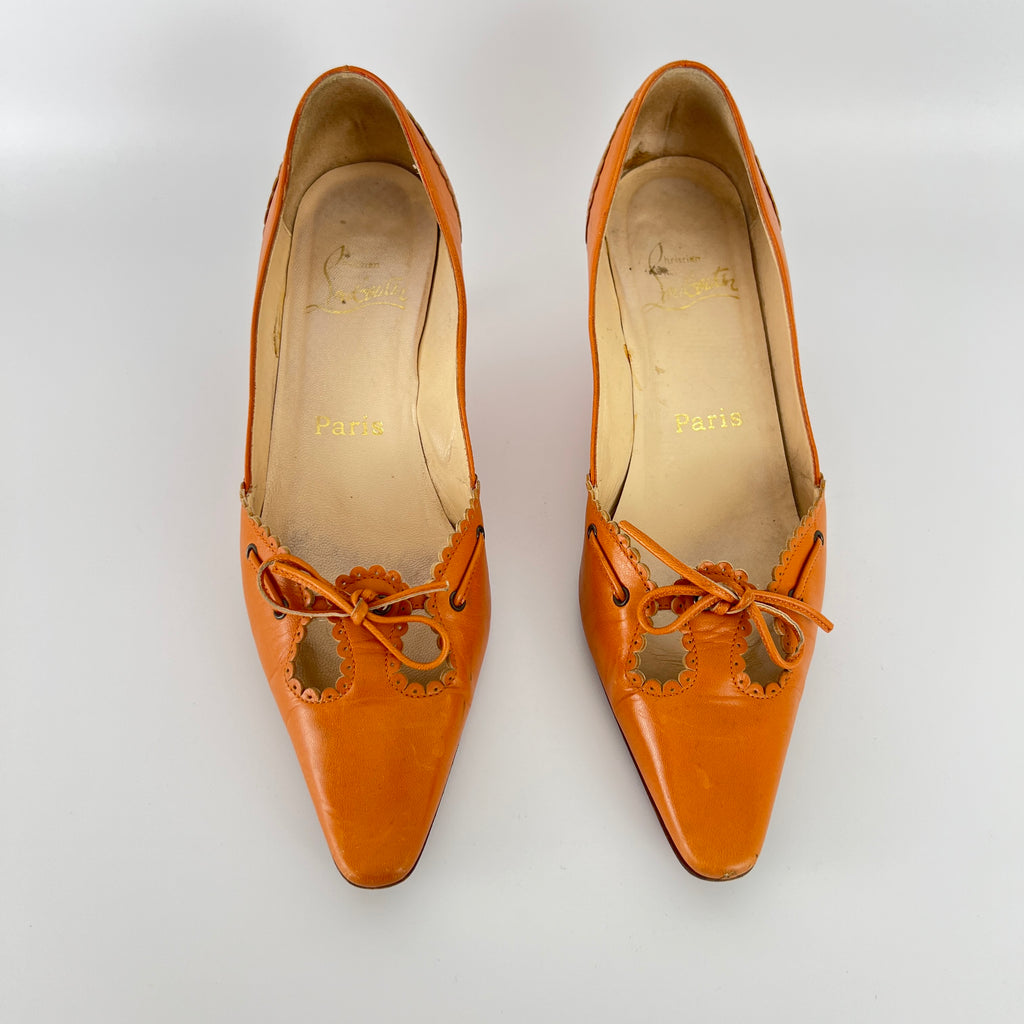 Louboutin | Orange Leather Ribbon Cut-Out Pointed Toe Kitten Heel Pumps (36)