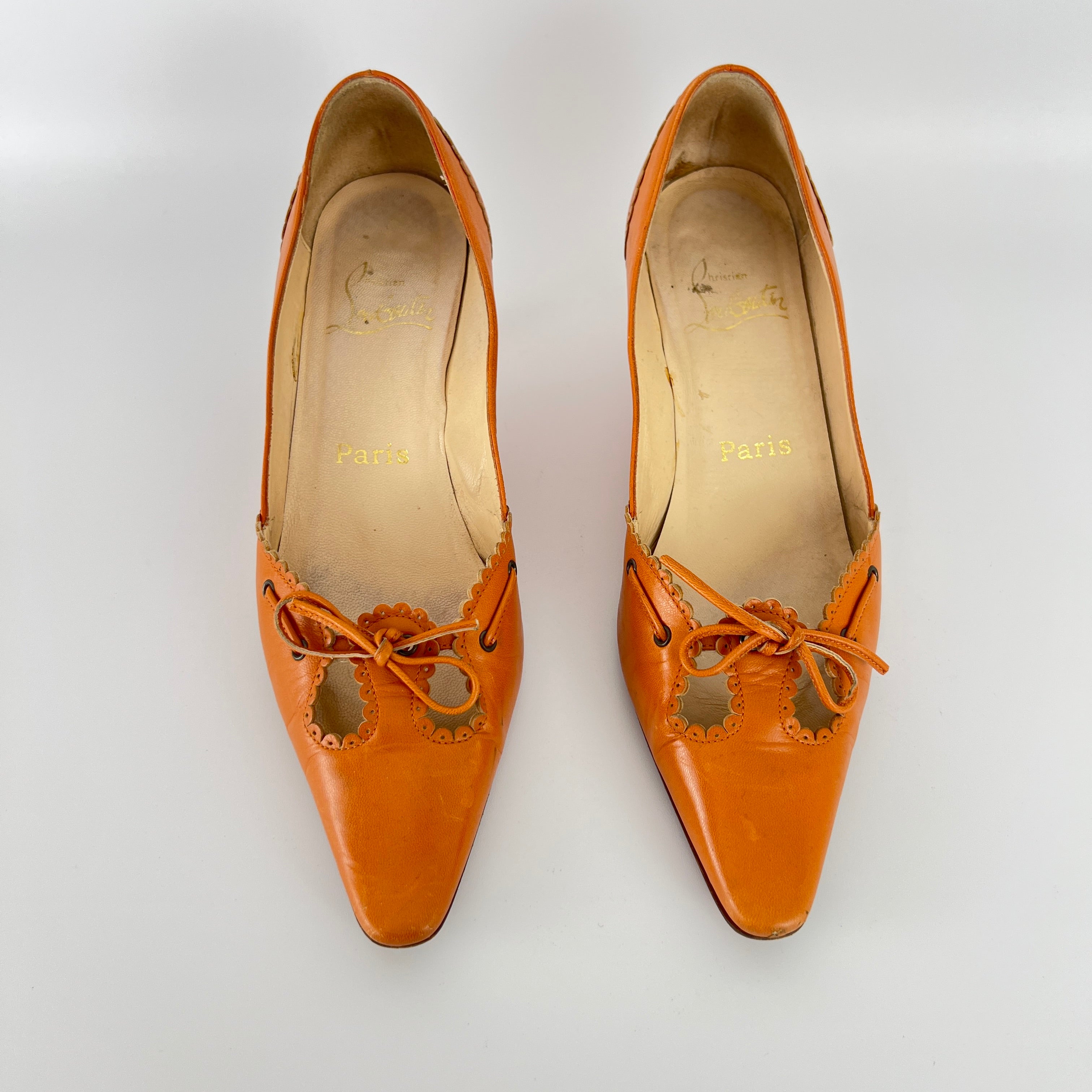 Louboutin | Orange Leather Ribbon Cut-Out Pointed Toe Kitten Heel Pumps (36)