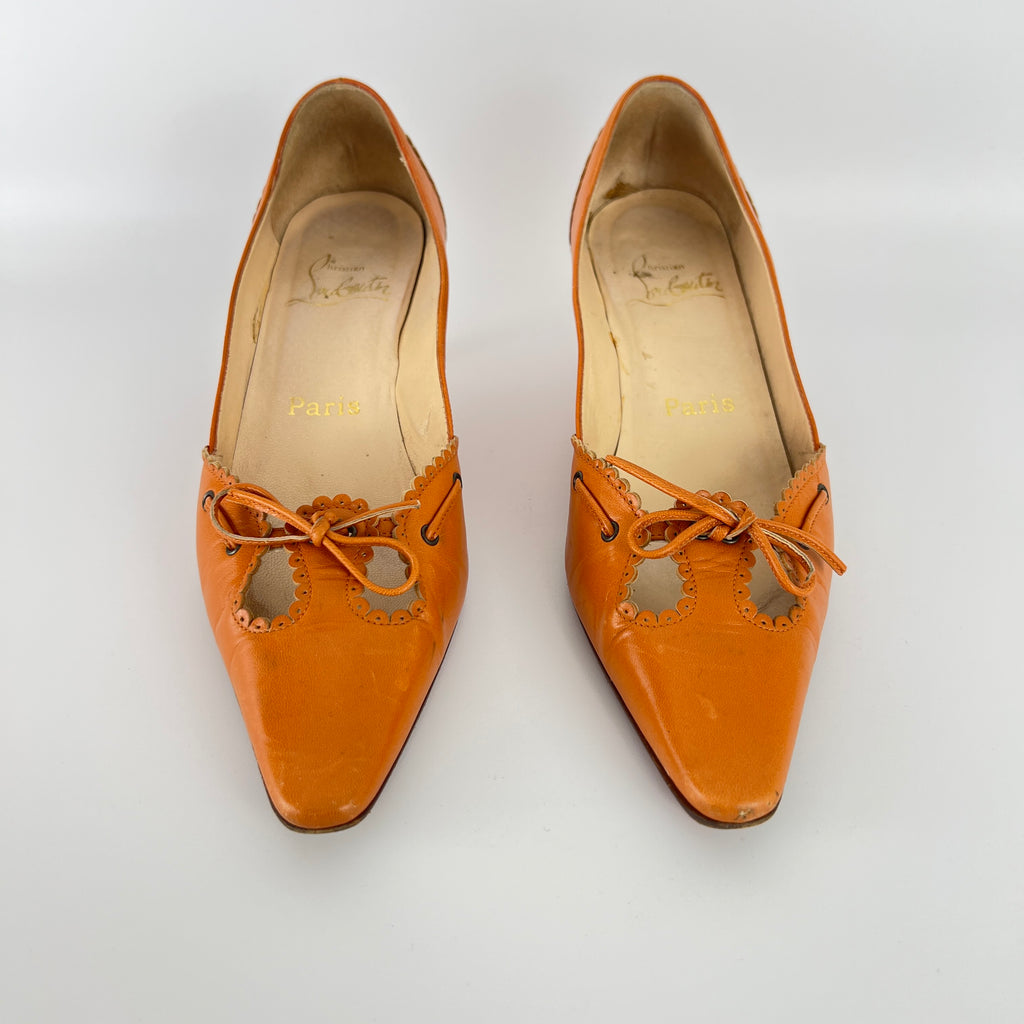 Louboutin | Orange Leather Ribbon Cut-Out Pointed Toe Kitten Heel Pumps (36)