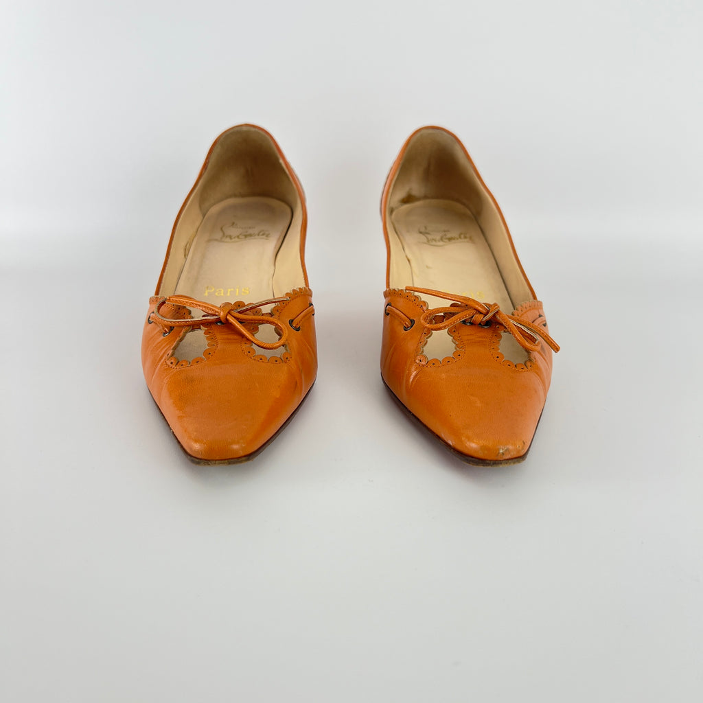 Louboutin | Orange Leather Ribbon Cut-Out Pointed Toe Kitten Heel Pumps (36)
