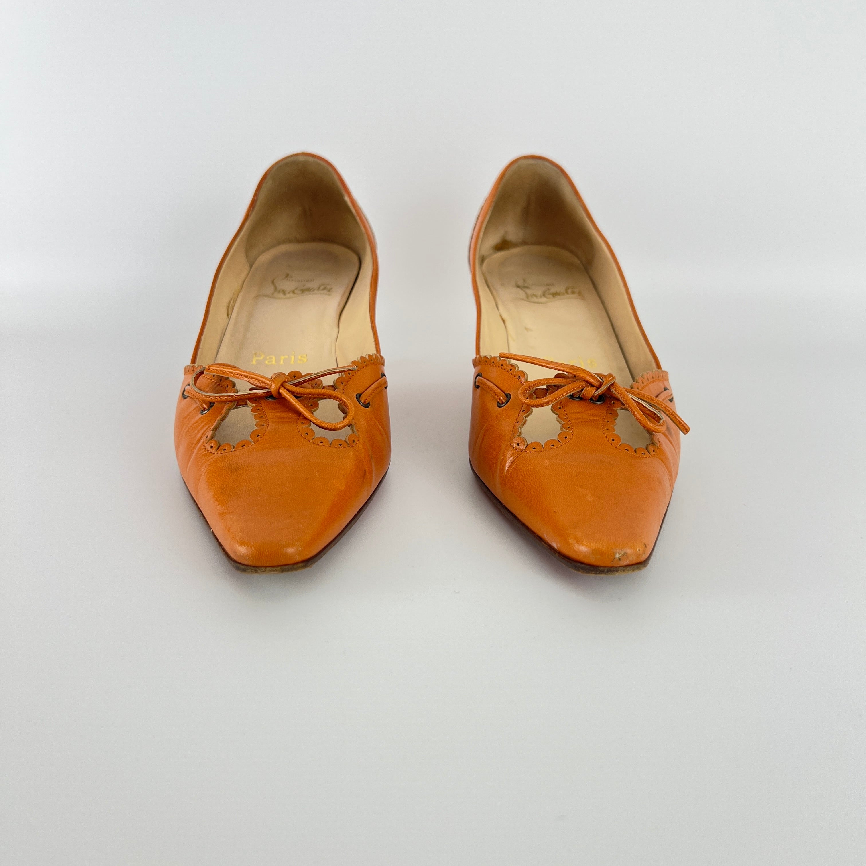 Louboutin | Orange Leather Ribbon Cut-Out Pointed Toe Kitten Heel Pumps (36)