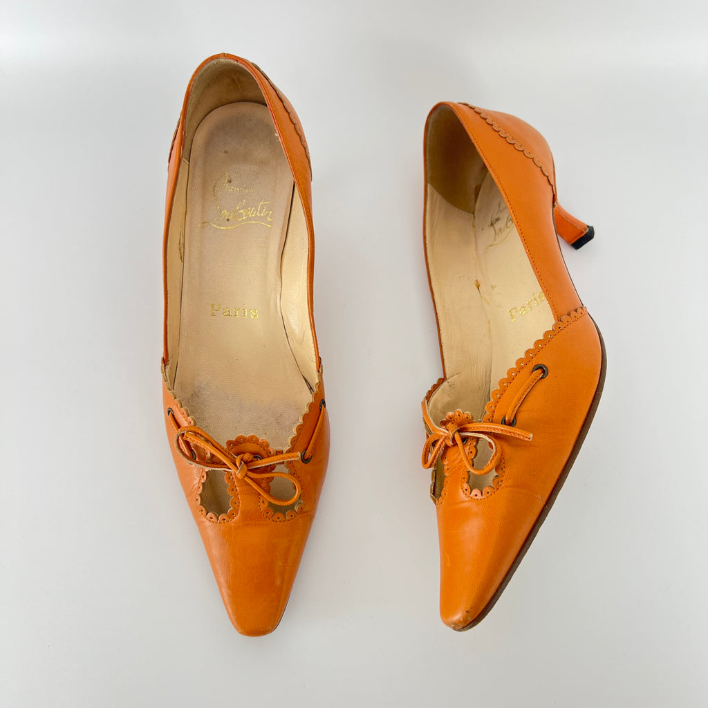 Louboutin | Orange Leather Ribbon Cut-Out Pointed Toe Kitten Heel Pumps (36)