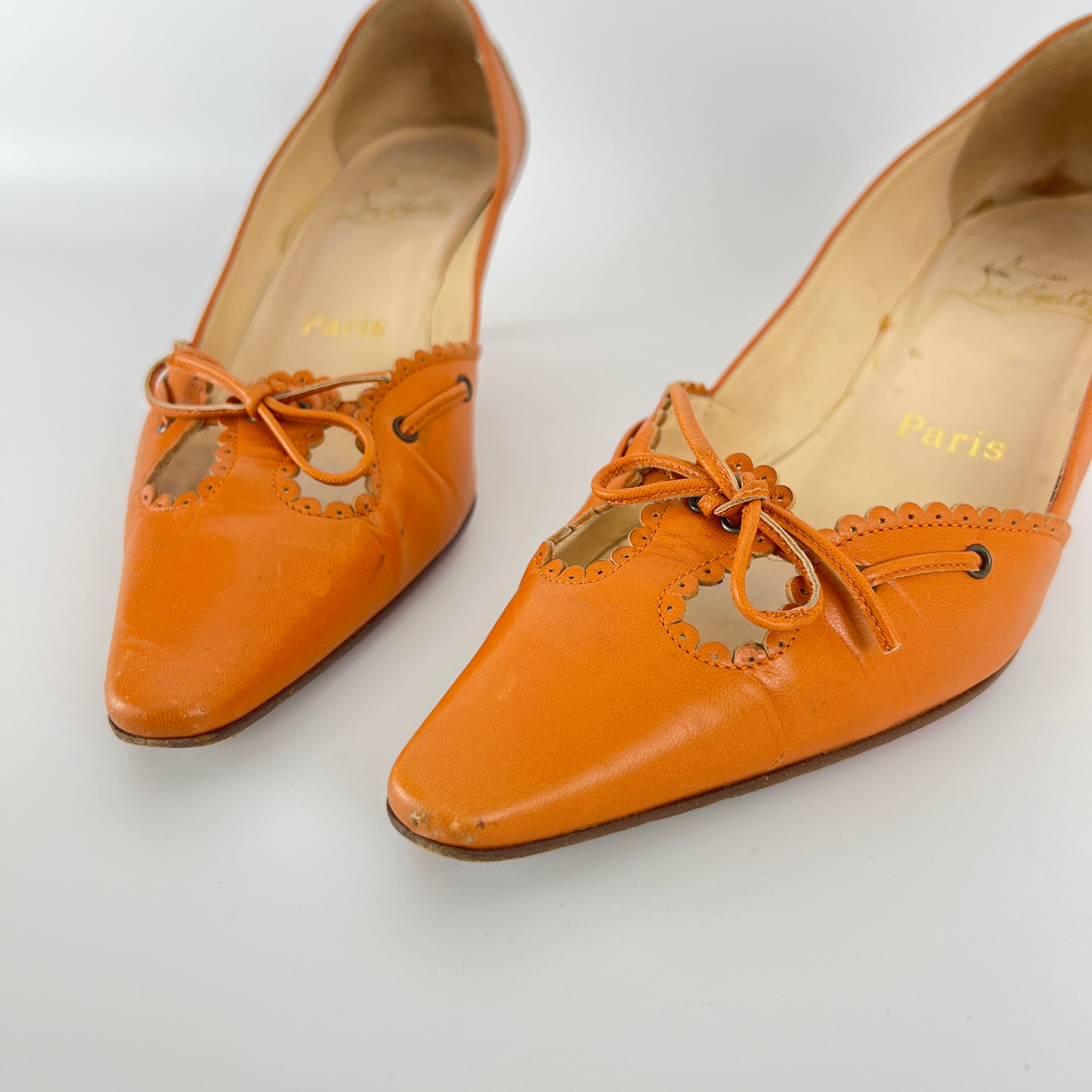 Louboutin | Orange Leather Ribbon Cut-Out Pointed Toe Kitten Heel Pumps (36)