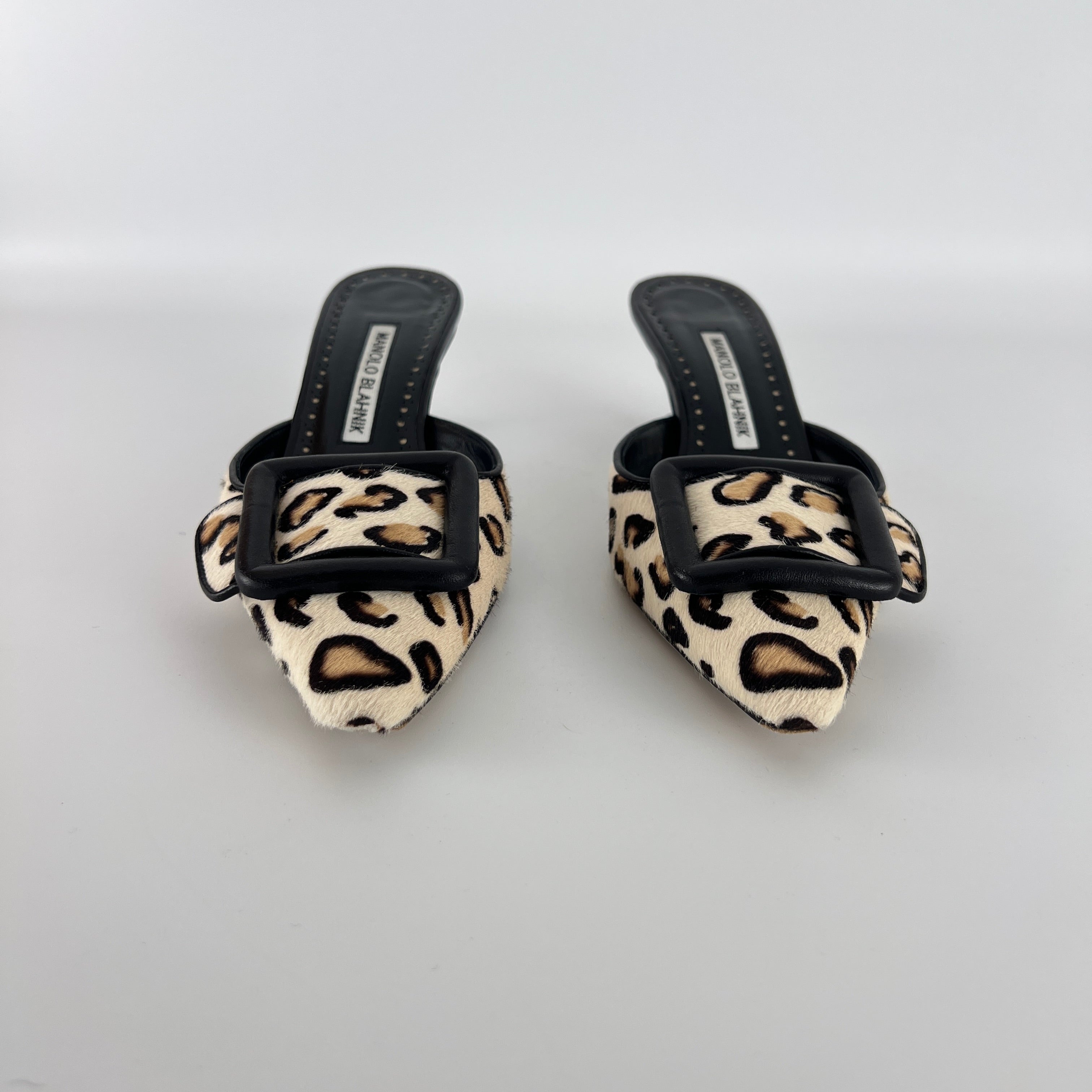 Manolo Blahnik | Maysale Leopard Print Calf Hair Kitten Heel Mules (34.5)