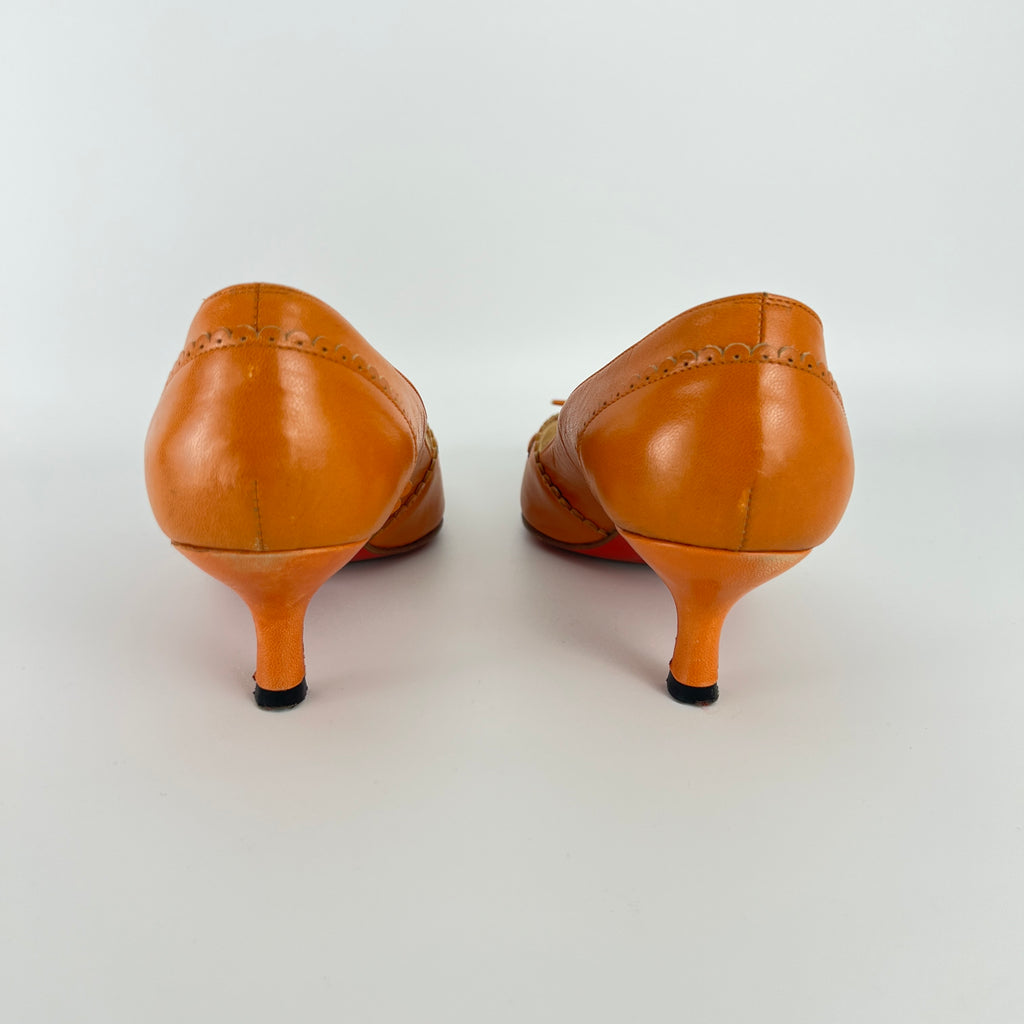 Louboutin | Orange Leather Ribbon Cut-Out Pointed Toe Kitten Heel Pumps (36)