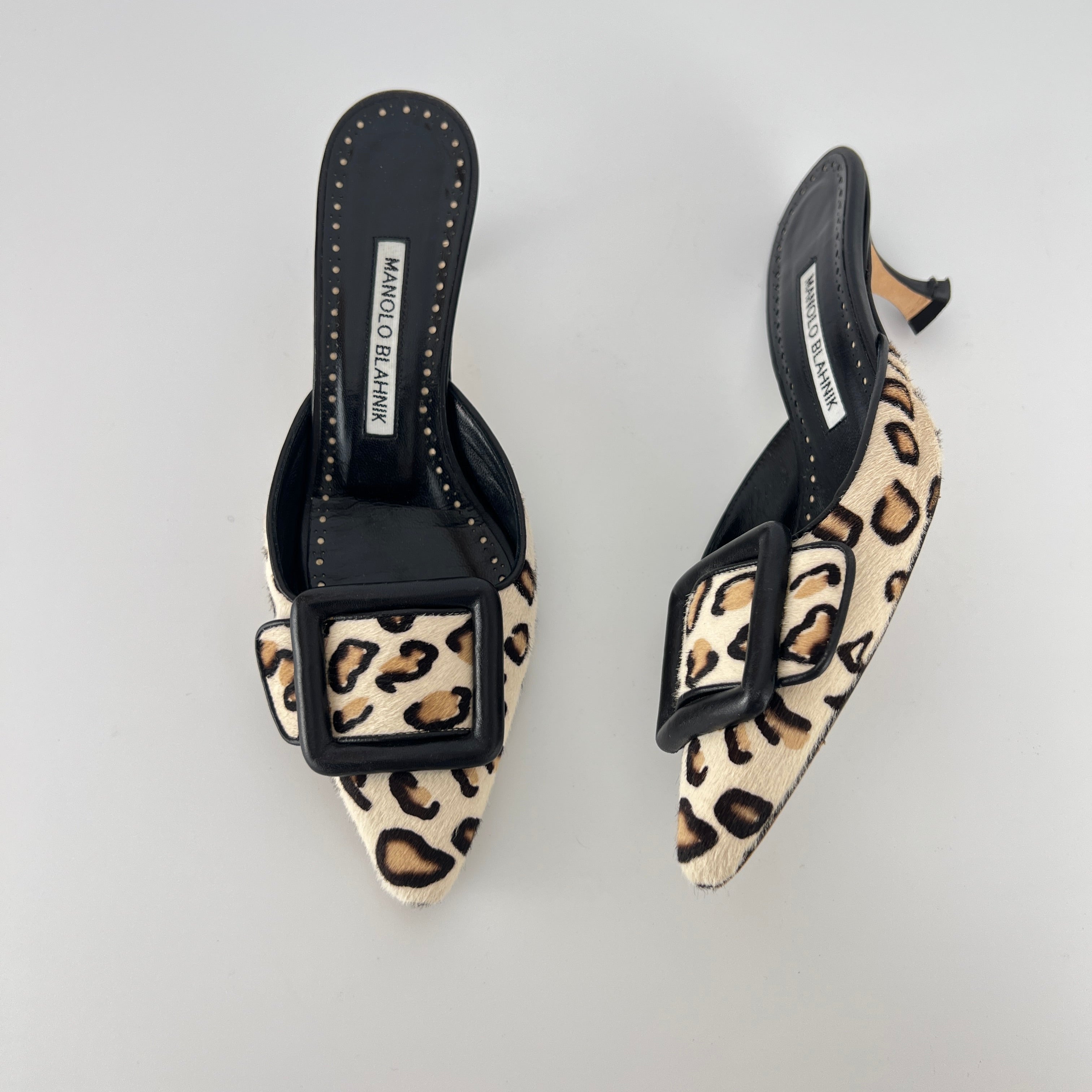 Manolo Blahnik | Maysale Leopard Print Calf Hair Kitten Heel Mules (34.5)