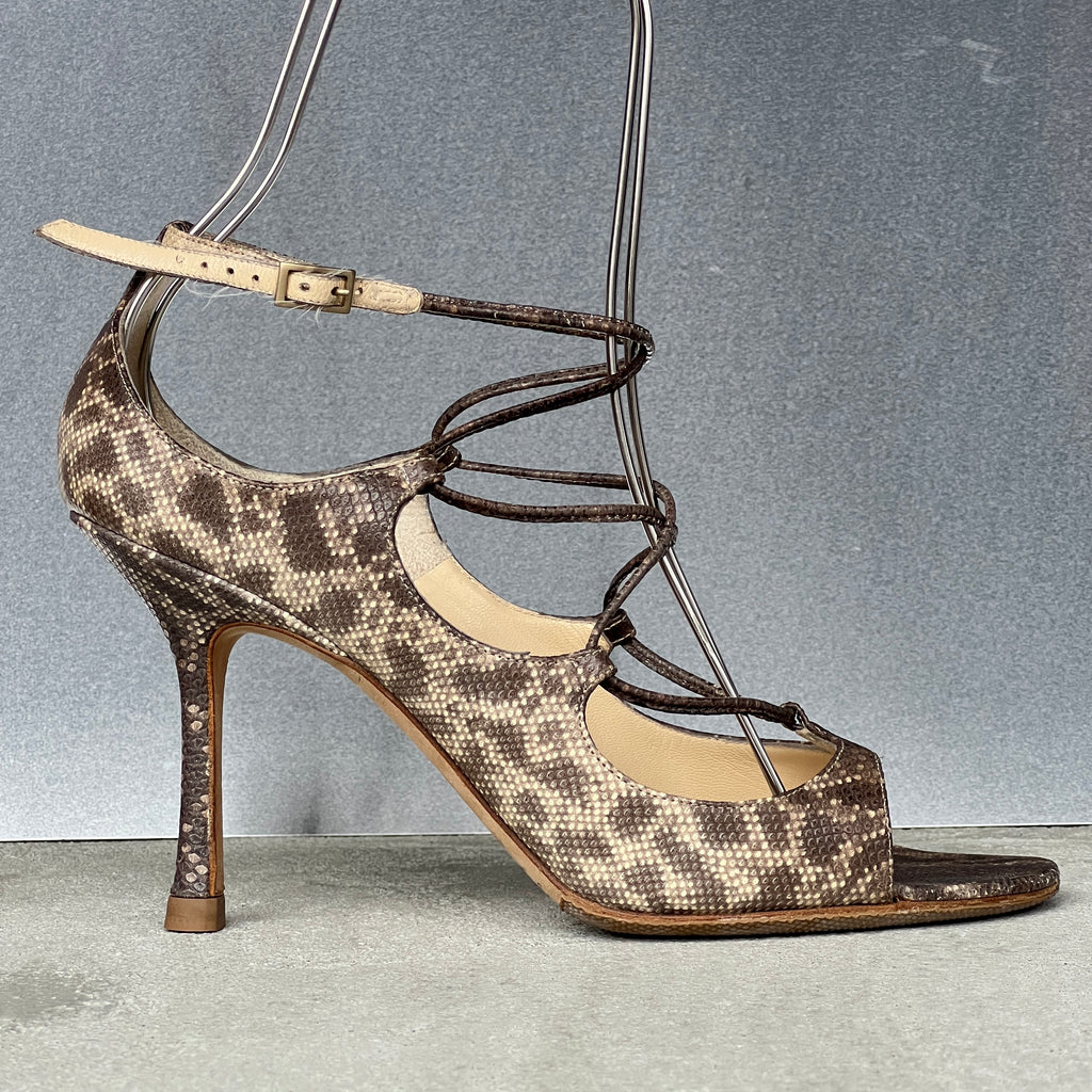 Jimmy Choo | Bali Karung Snake Leather Lace Up Sandal Heels (38.5)