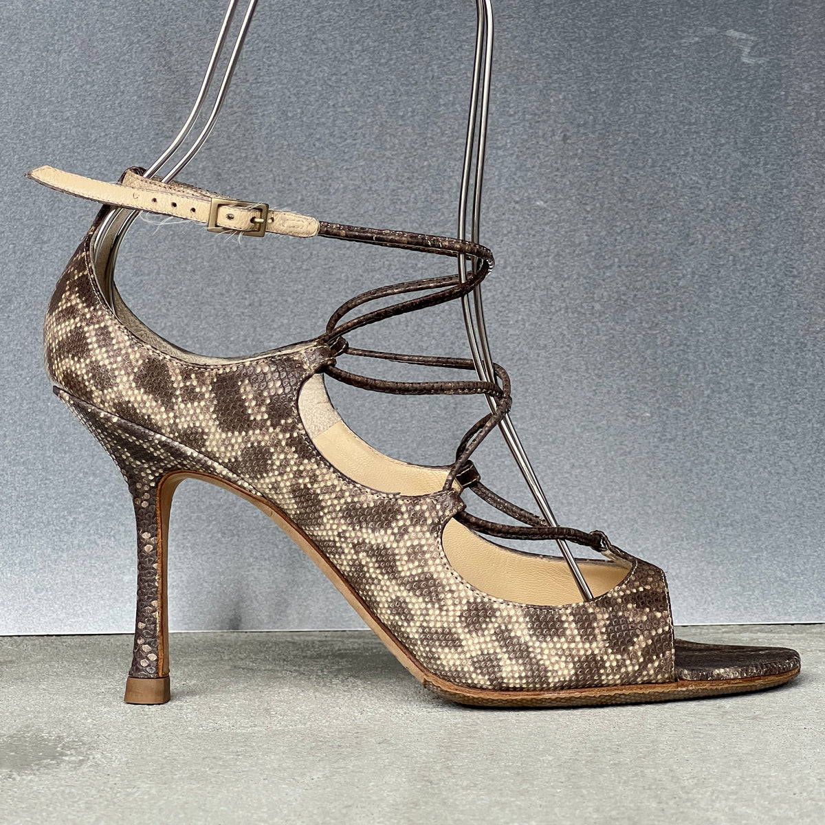 Jimmy Choo | Bali Karung Snake Leather Lace Up Sandal Heels (38.5)