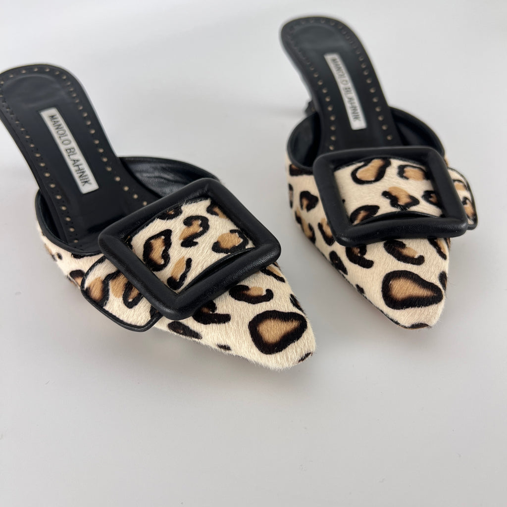 Manolo Blahnik | Maysale Leopard Print Calf Hair Kitten Heel Mules (34.5)