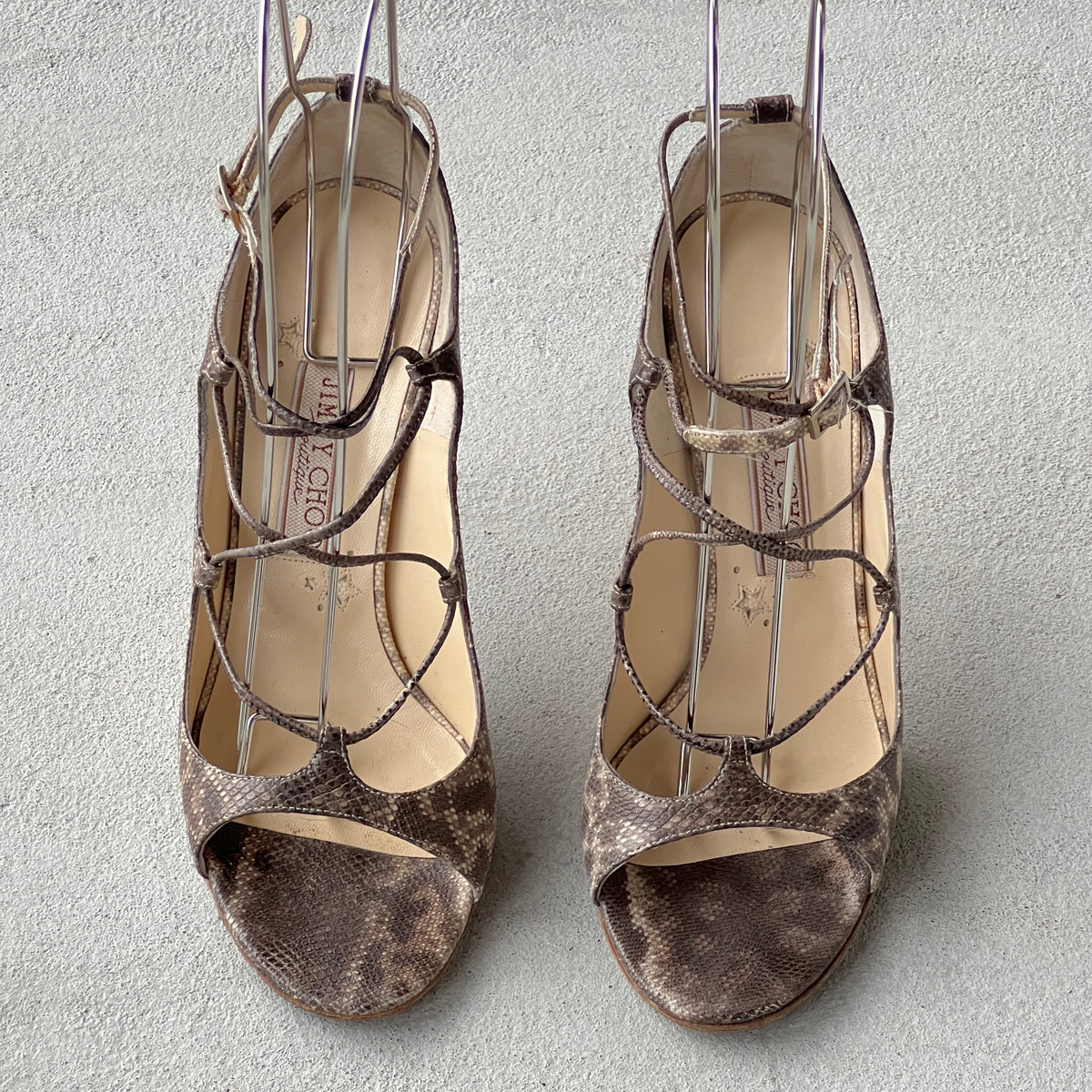 Jimmy Choo | Bali Karung Snake Leather Lace Up Sandal Heels (38.5)