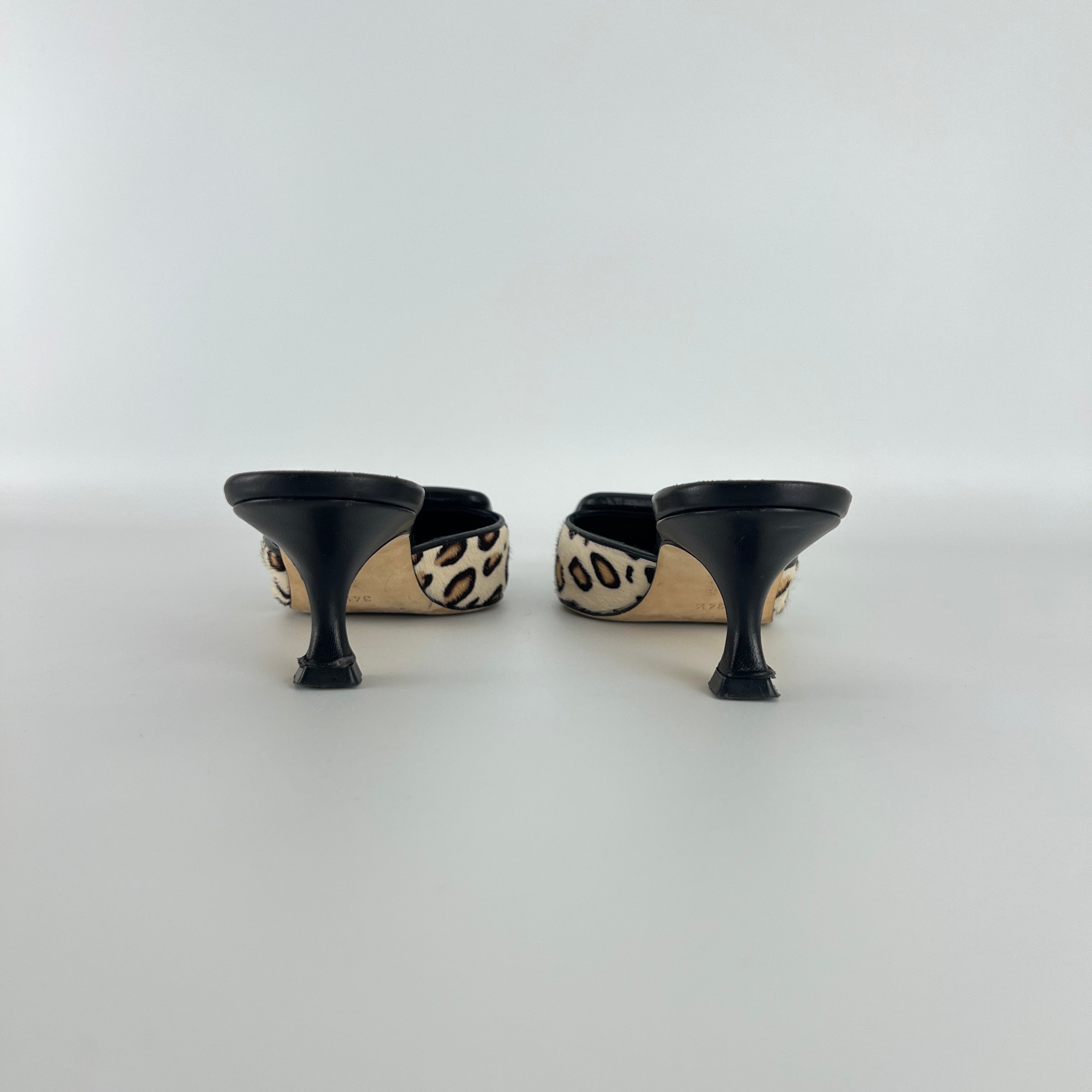 Manolo Blahnik | Maysale Leopard Print Calf Hair Kitten Heel Mules (34.5)