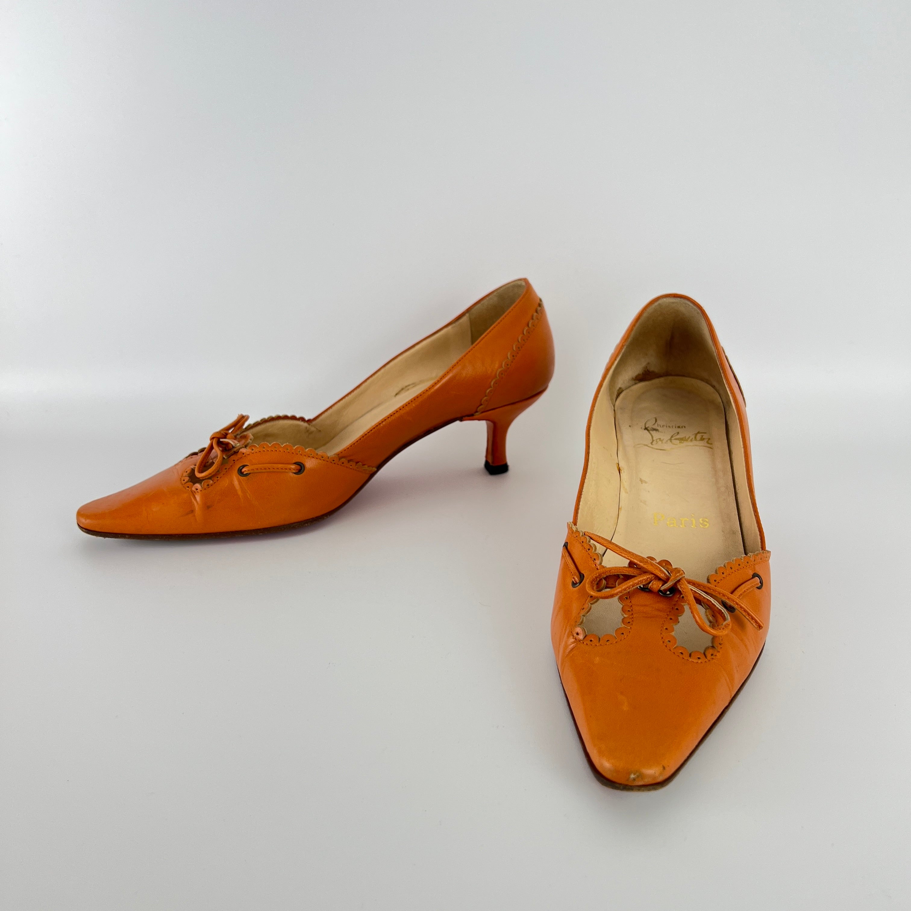 Louboutin | Orange Leather Ribbon Cut-Out Pointed Toe Kitten Heel Pumps (36)