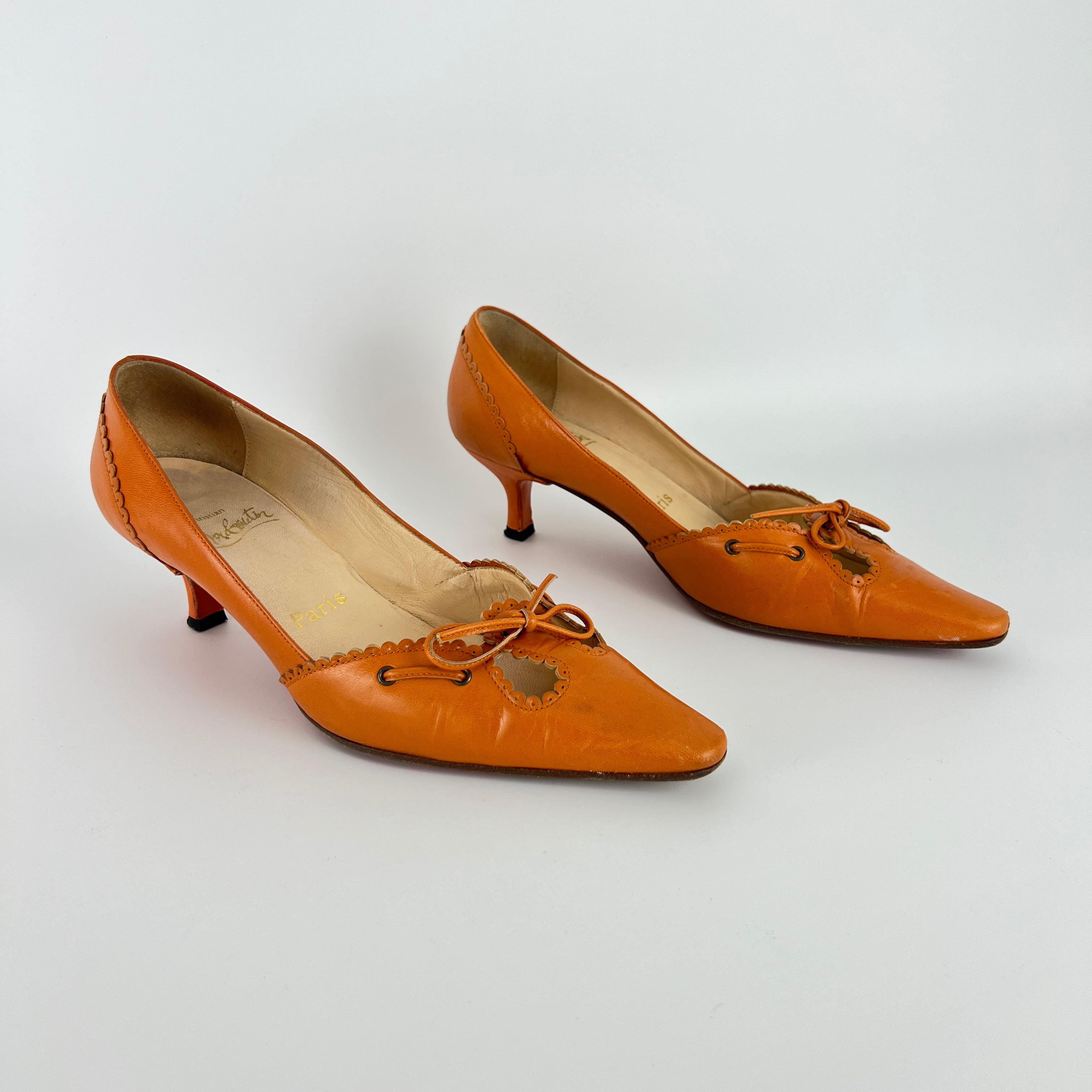 Louboutin | Orange Leather Ribbon Cut-Out Pointed Toe Kitten Heel Pumps (36)