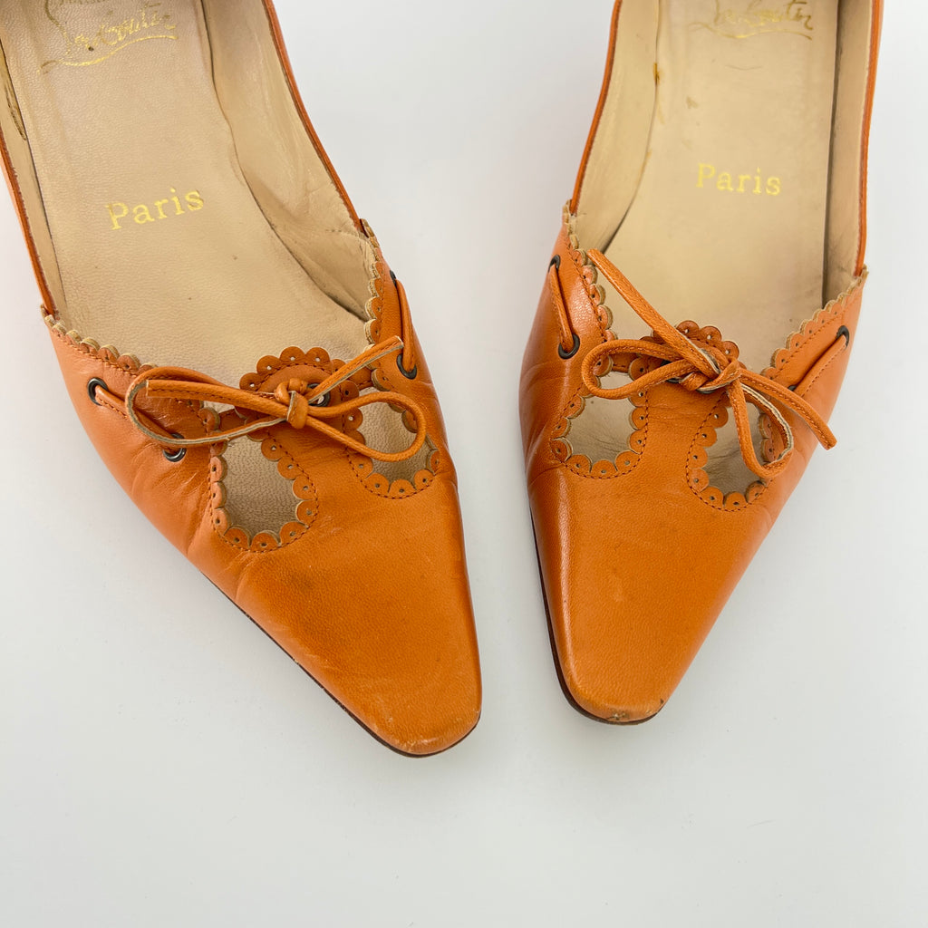 Louboutin | Orange Leather Ribbon Cut-Out Pointed Toe Kitten Heel Pumps (36)