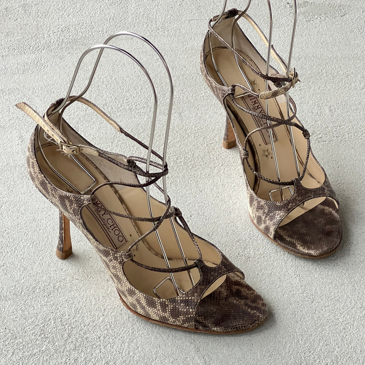 Jimmy Choo | Bali Karung Snake Leather Lace Up Sandal Heels (38.5)