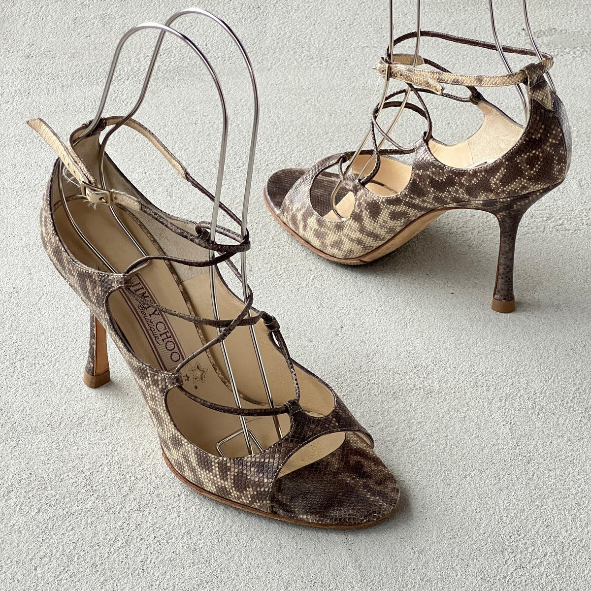 Jimmy Choo | Bali Karung Snake Leather Lace Up Sandal Heels (38.5)