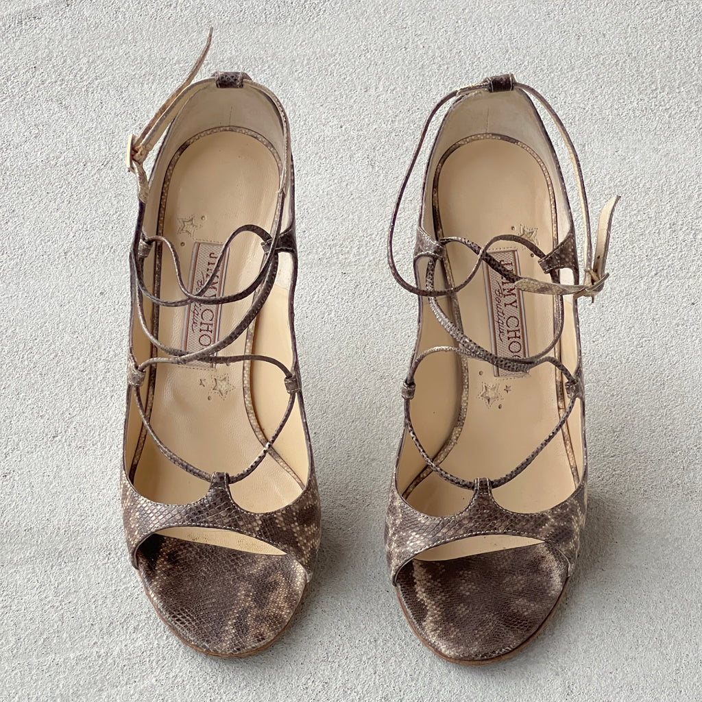 Jimmy Choo | Bali Karung Snake Leather Lace Up Sandal Heels (38.5)