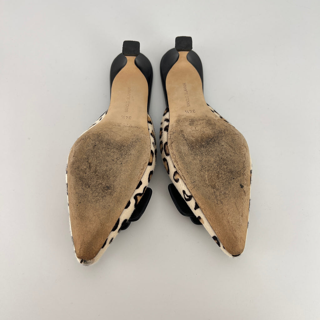 Manolo Blahnik | Maysale Leopard Print Calf Hair Kitten Heel Mules (34.5)