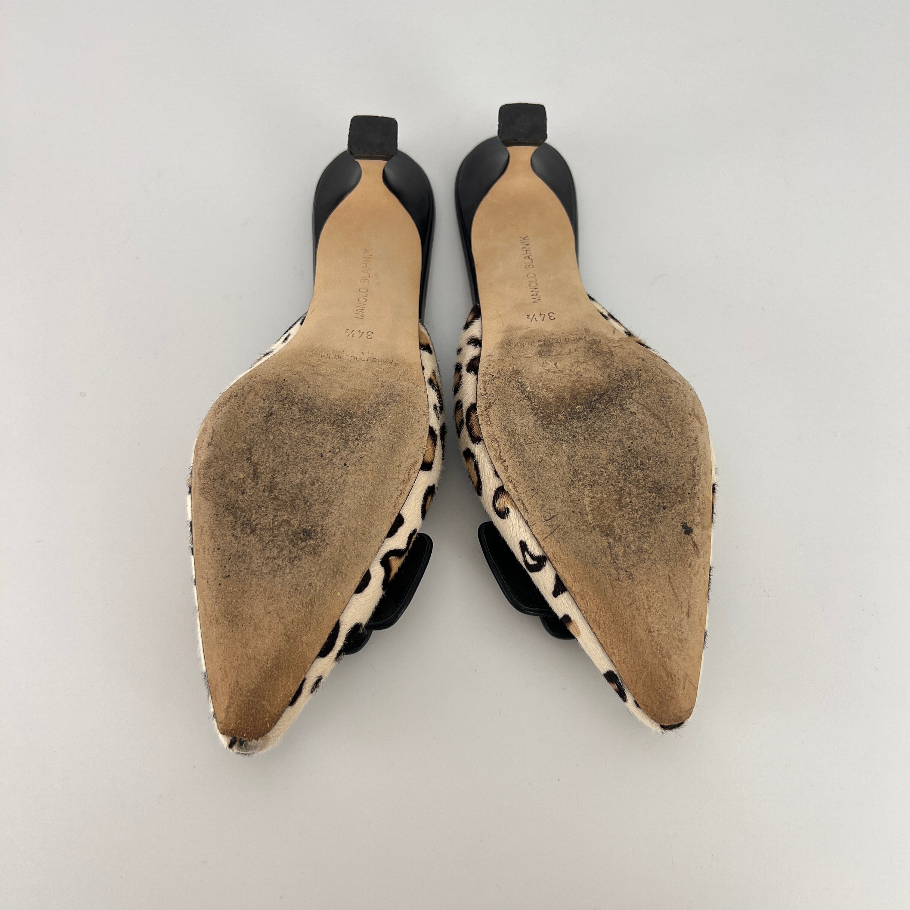 Manolo Blahnik | Maysale Leopard Print Calf Hair Kitten Heel Mules (34.5)