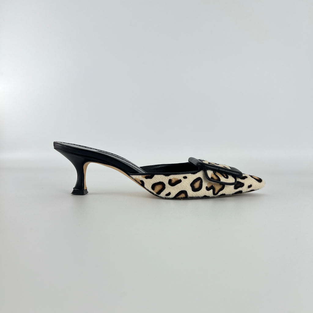 Manolo Blahnik | Maysale Leopard Print Calf Hair Kitten Heel Mules (34.5)