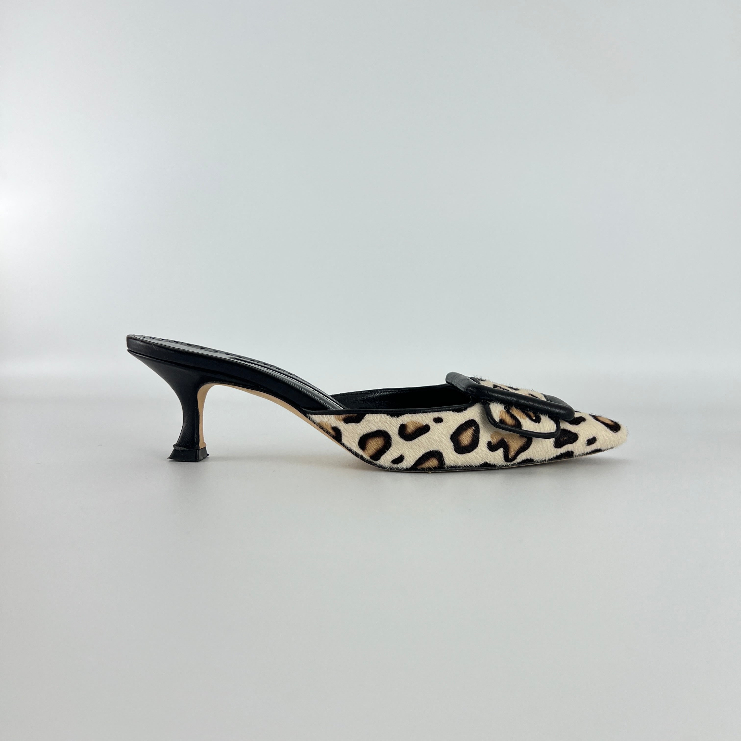 Manolo Blahnik | Maysale Leopard Print Calf Hair Kitten Heel Mules (34.5)