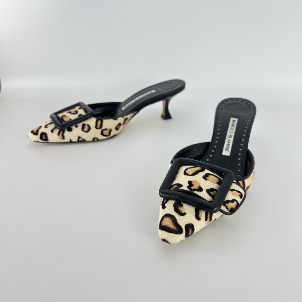 Manolo Blahnik | Maysale Leopard Print Calf Hair Kitten Heel Mules (34.5)