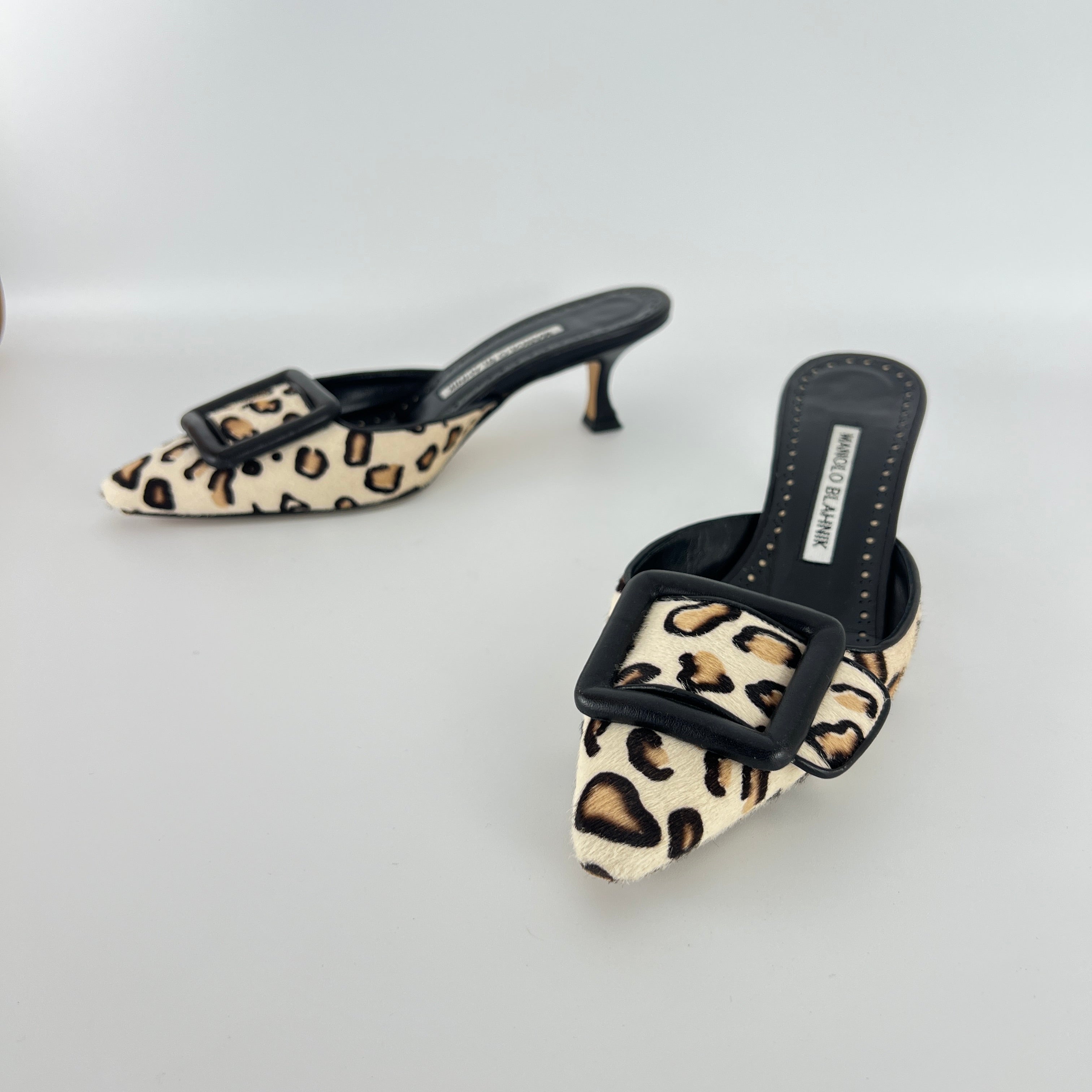 Manolo Blahnik | Maysale Leopard Print Calf Hair Kitten Heel Mules (34.5)