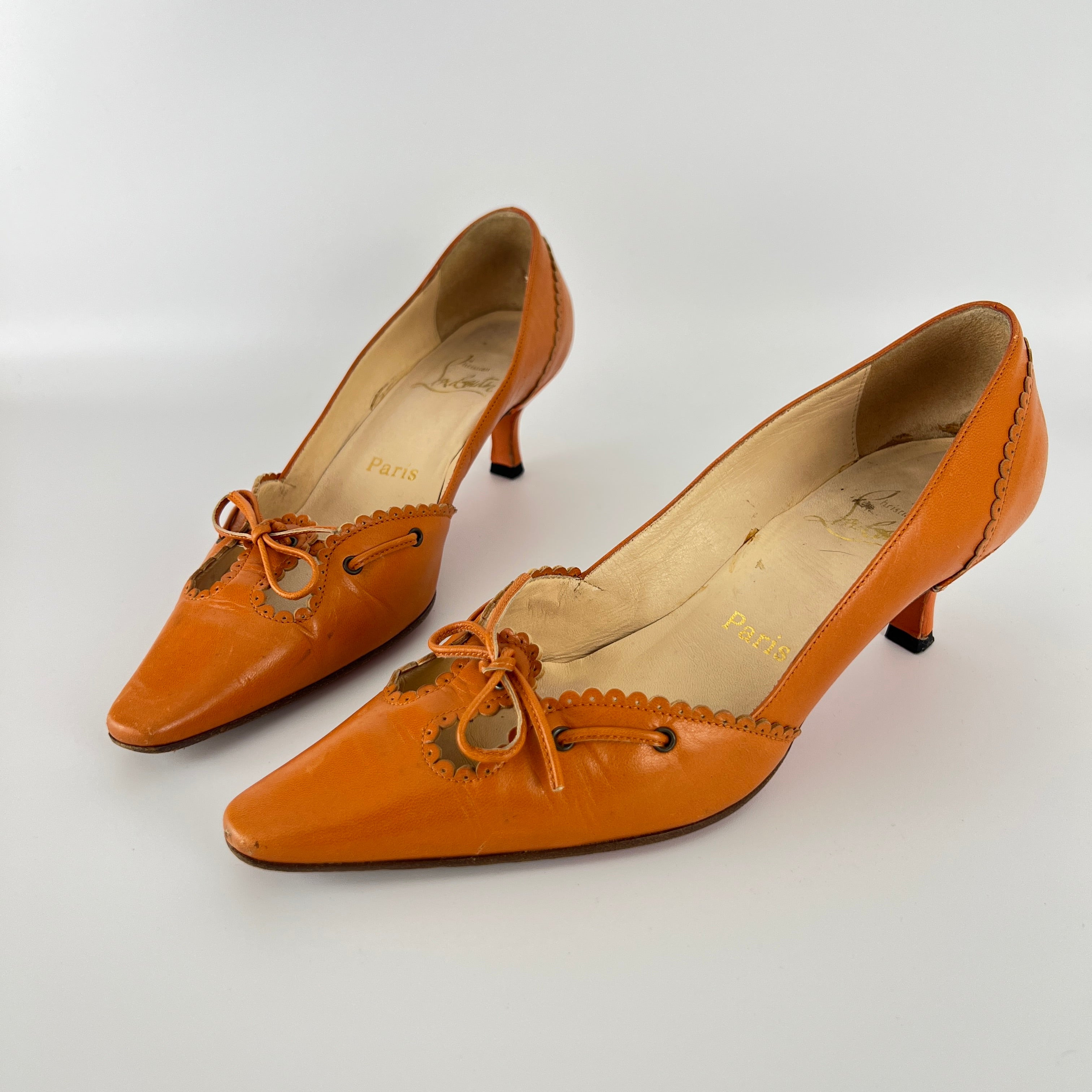 Louboutin | Orange Leather Ribbon Cut-Out Pointed Toe Kitten Heel Pumps (36)