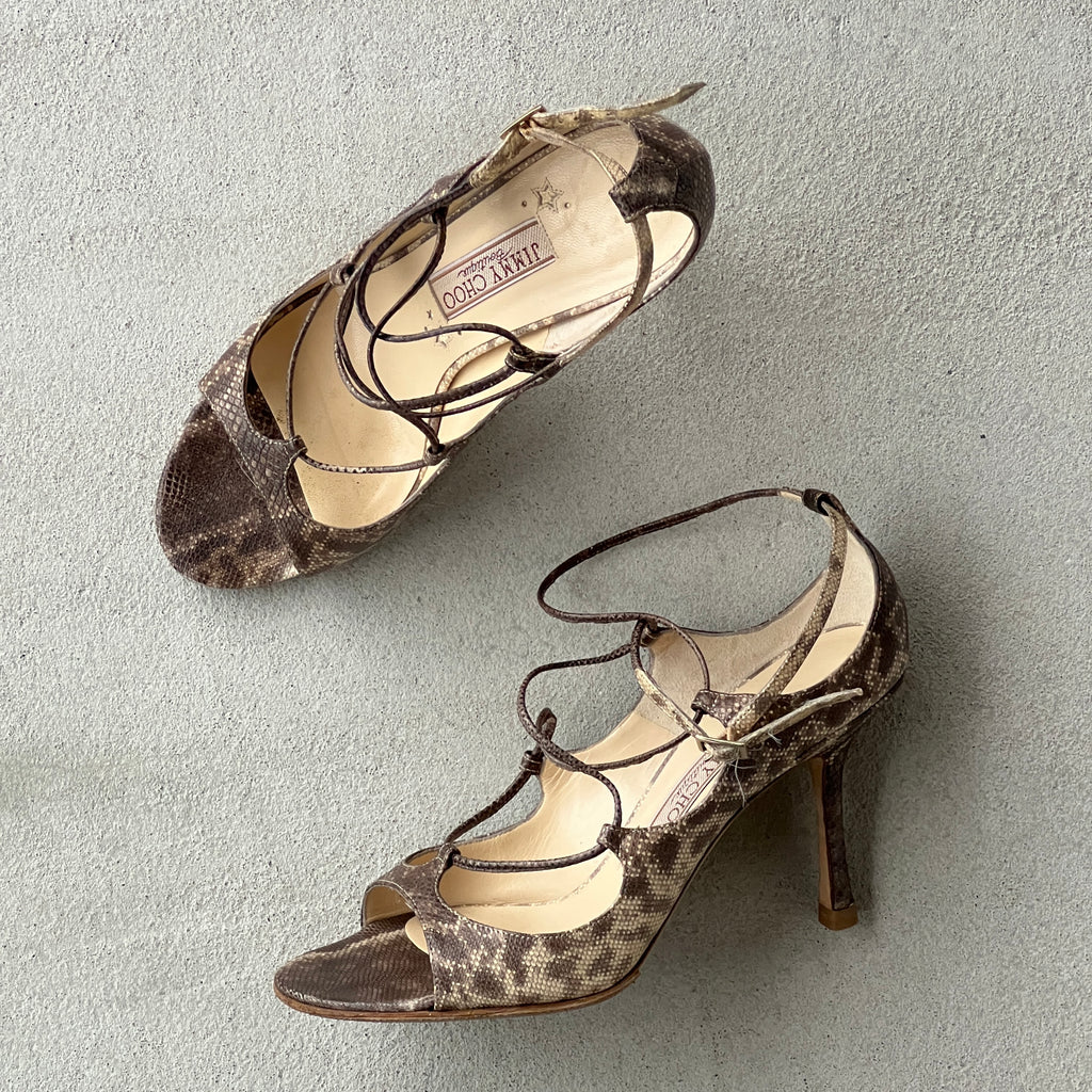 Jimmy Choo | Bali Karung Snake Leather Lace Up Sandal Heels (38.5)