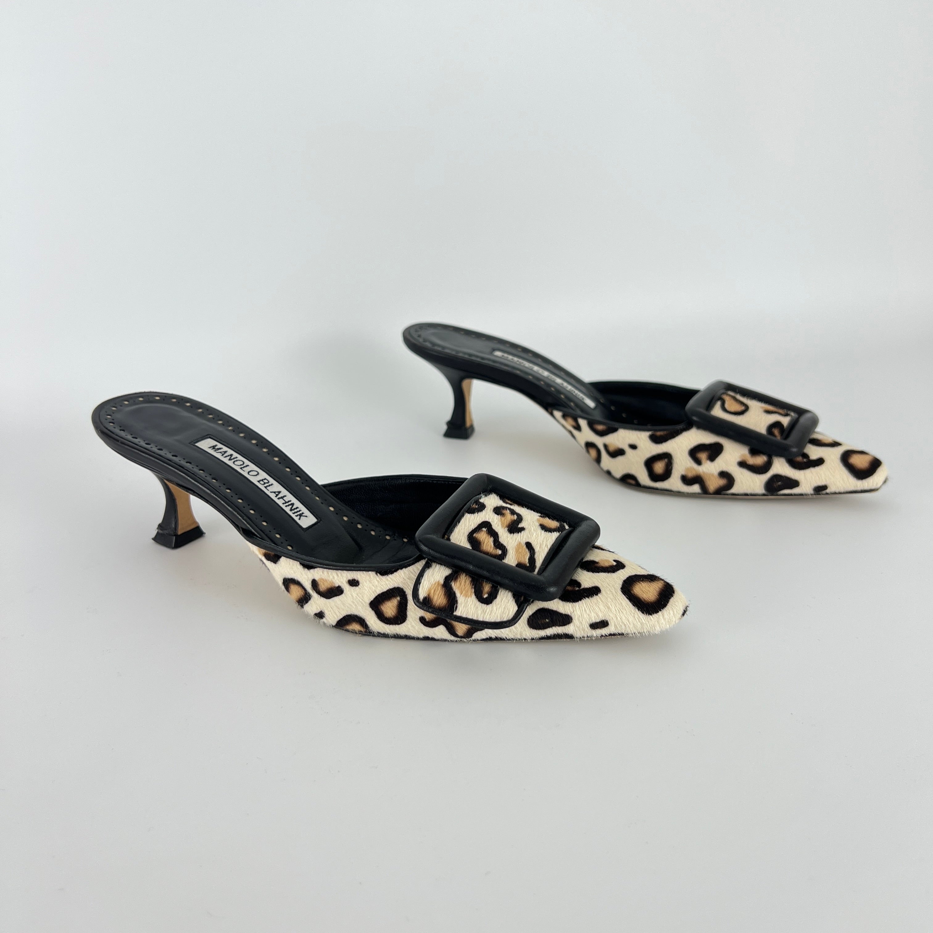 Manolo Blahnik | Maysale Leopard Print Calf Hair Kitten Heel Mules (34.5)