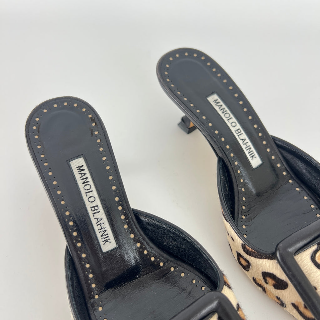 Manolo Blahnik | Maysale Leopard Print Calf Hair Kitten Heel Mules (34.5)
