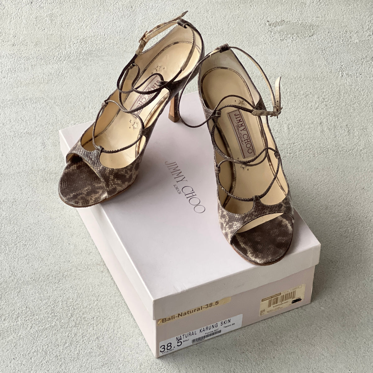 Jimmy Choo | Bali Karung Snake Leather Lace Up Sandal Heels (38.5)