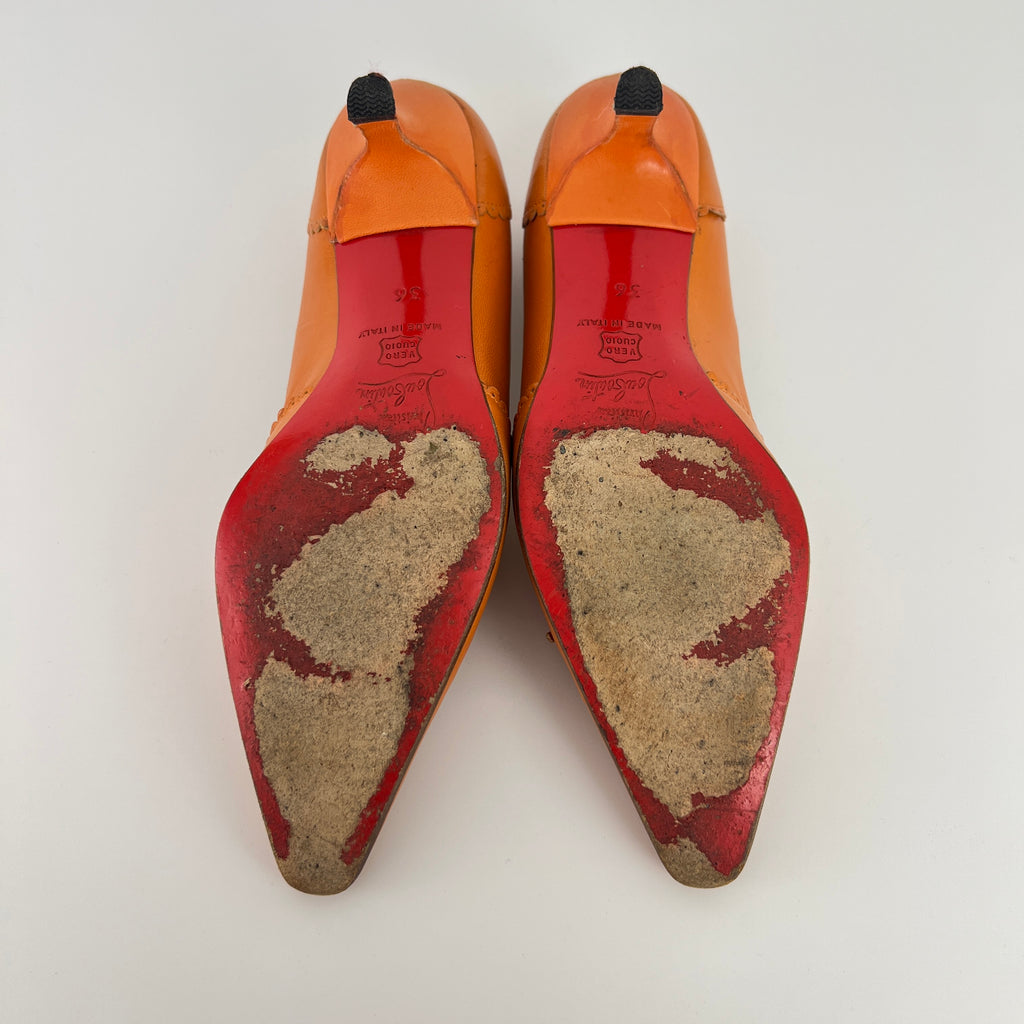 Louboutin | Orange Leather Ribbon Cut-Out Pointed Toe Kitten Heel Pumps (36)