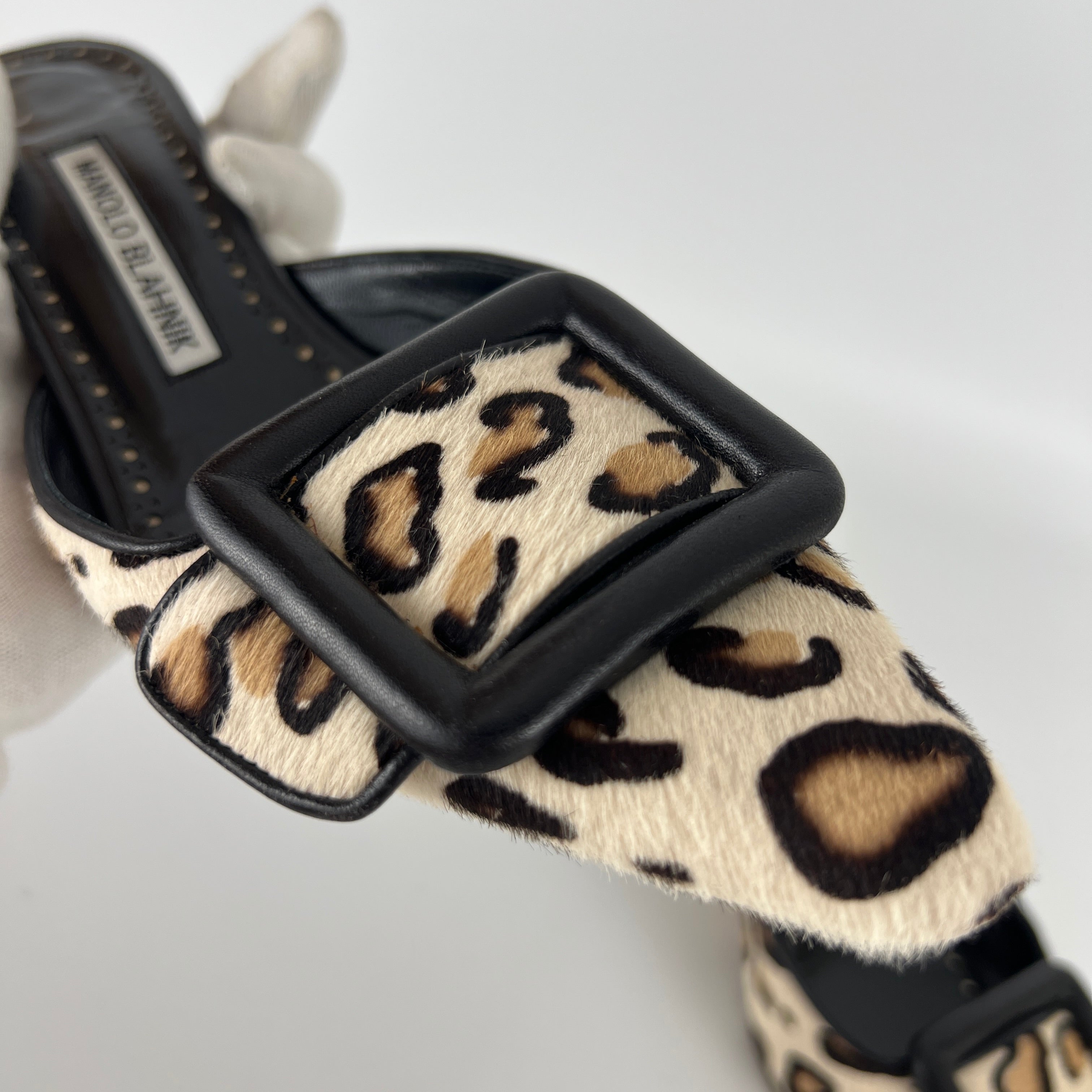 Manolo Blahnik | Maysale Leopard Print Calf Hair Kitten Heel Mules (34.5)