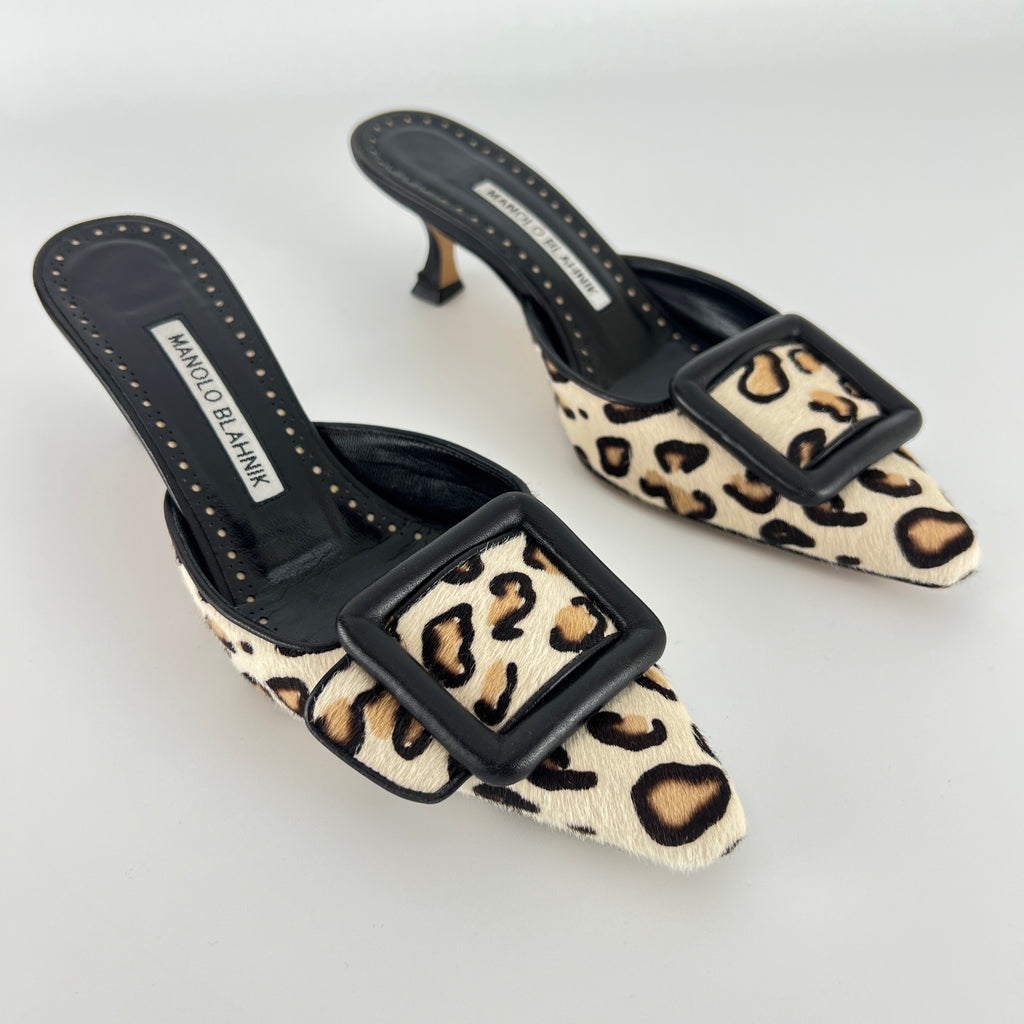 Manolo Blahnik | Maysale Leopard Print Calf Hair Kitten Heel Mules (34.5)