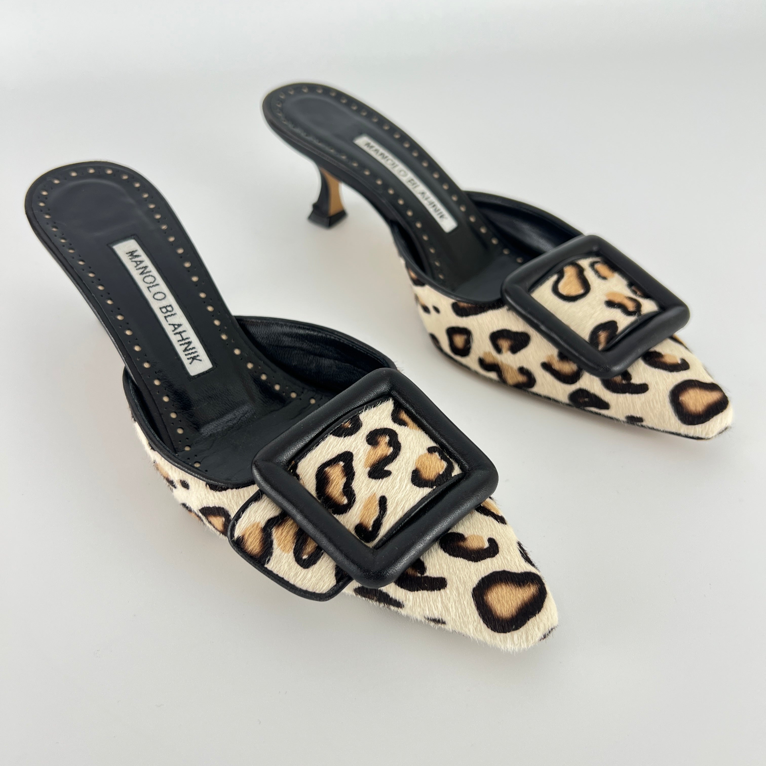 Manolo Blahnik | Maysale Leopard Print Calf Hair Kitten Heel Mules (34.5)