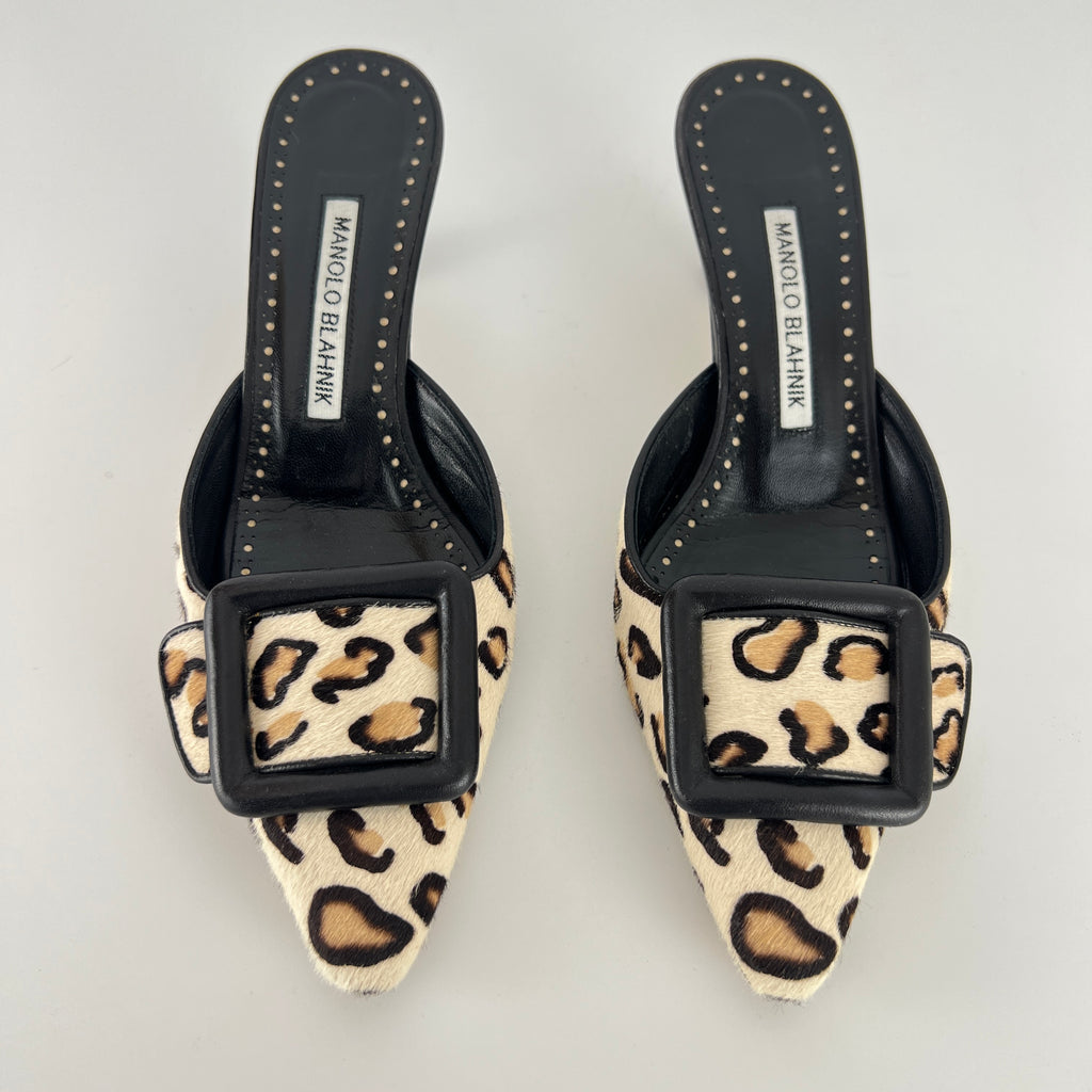 Manolo Blahnik | Maysale Leopard Print Calf Hair Kitten Heel Mules (34.5)