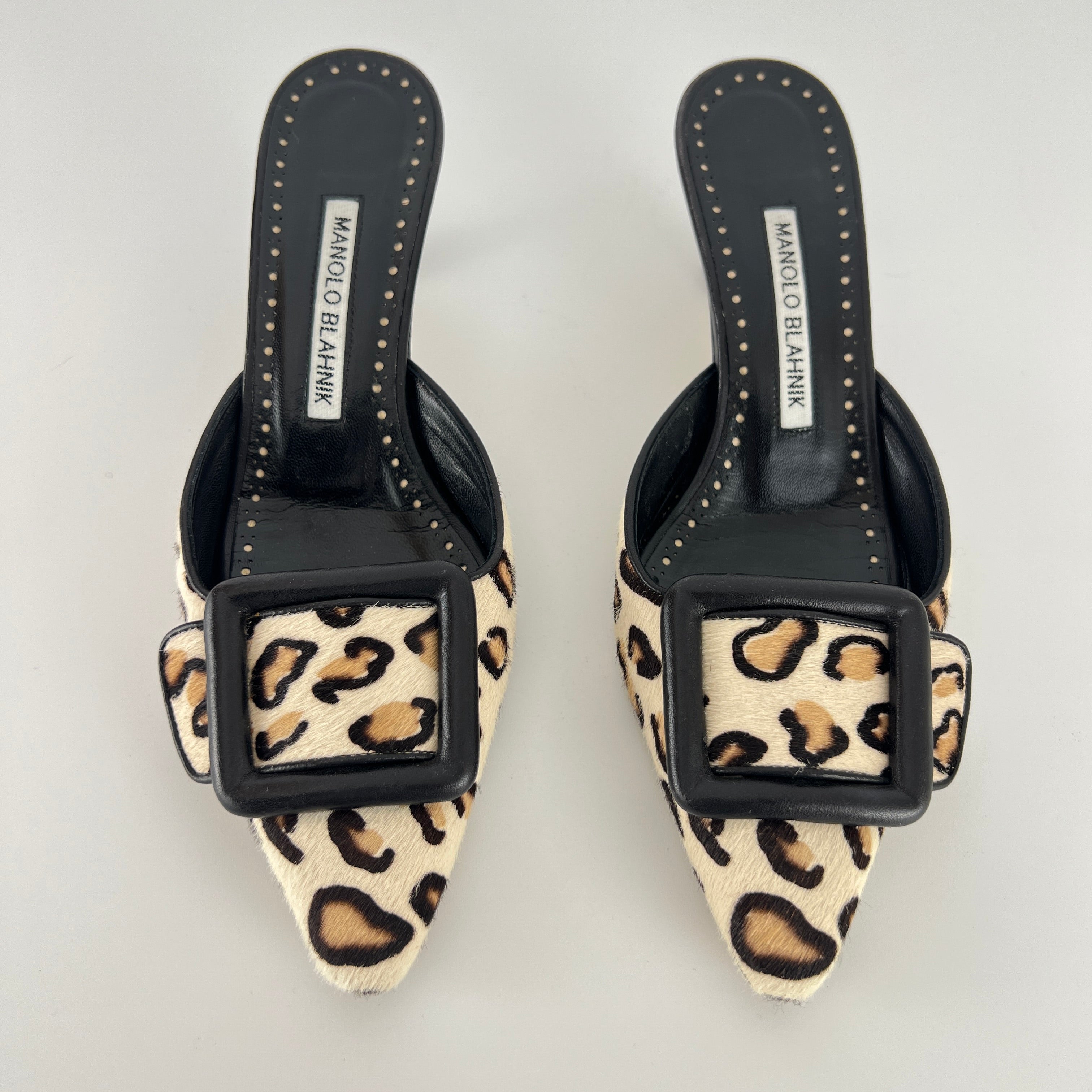 Manolo Blahnik | Maysale Leopard Print Calf Hair Kitten Heel Mules (34.5)