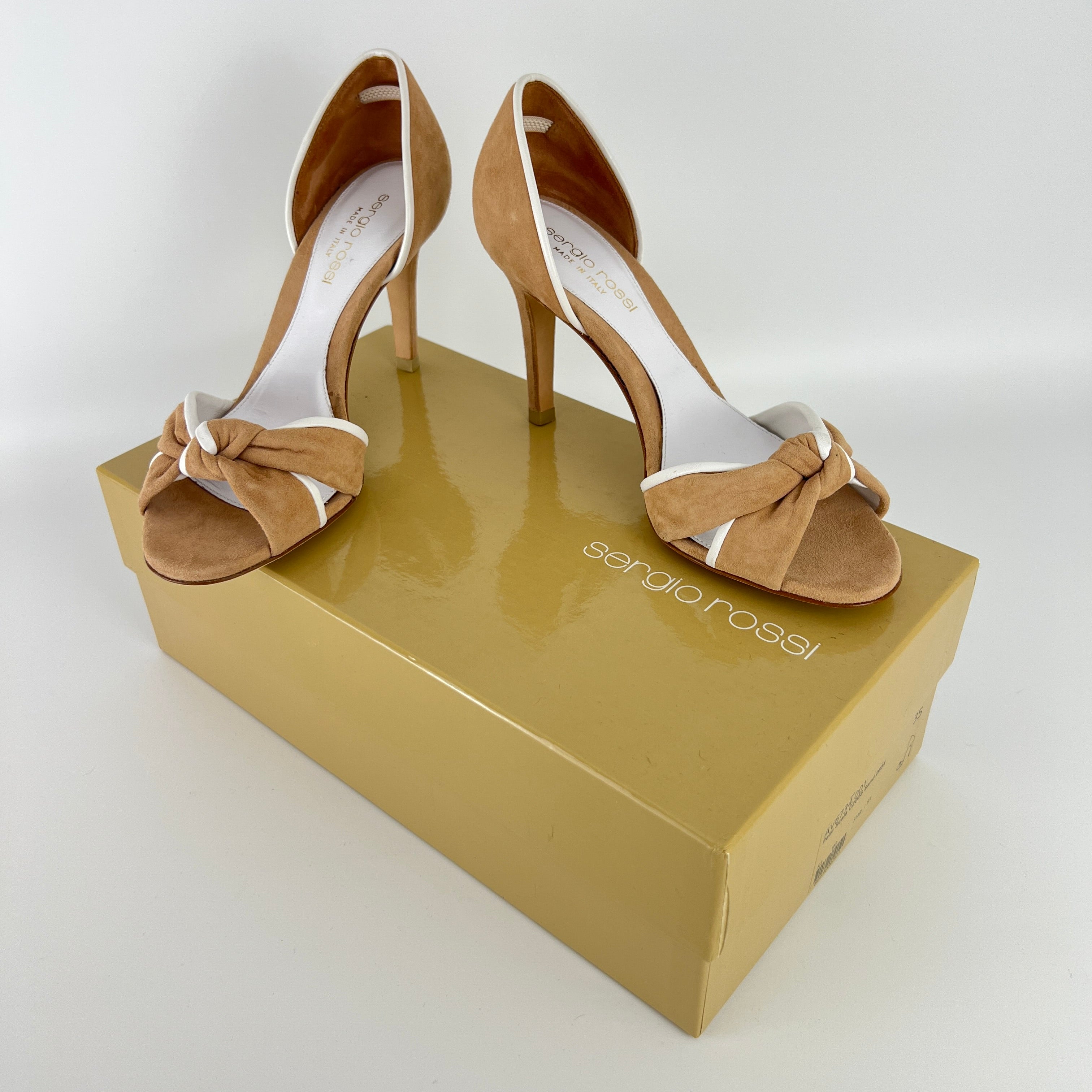 Sergio Rossi | Beige Tan Suede White Leather Knotted Strap D'Orsay Pumps (35)