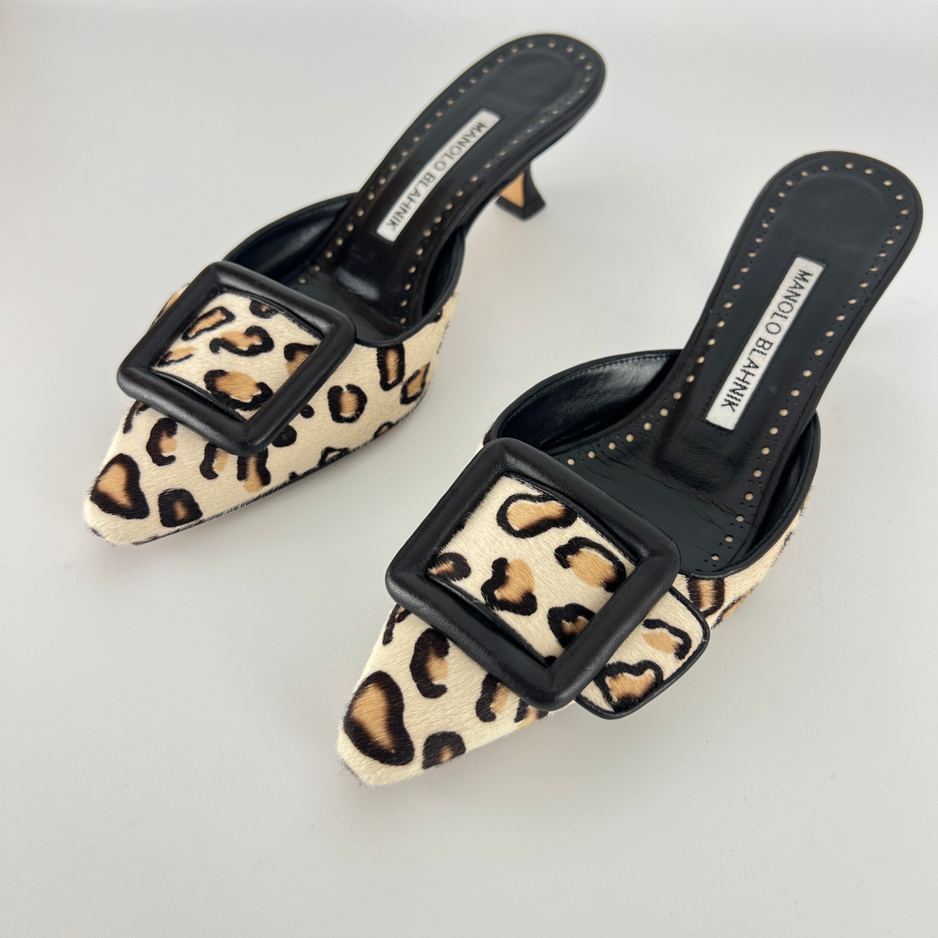 Manolo Blahnik | Maysale Leopard Print Calf Hair Kitten Heel Mules (34.5)