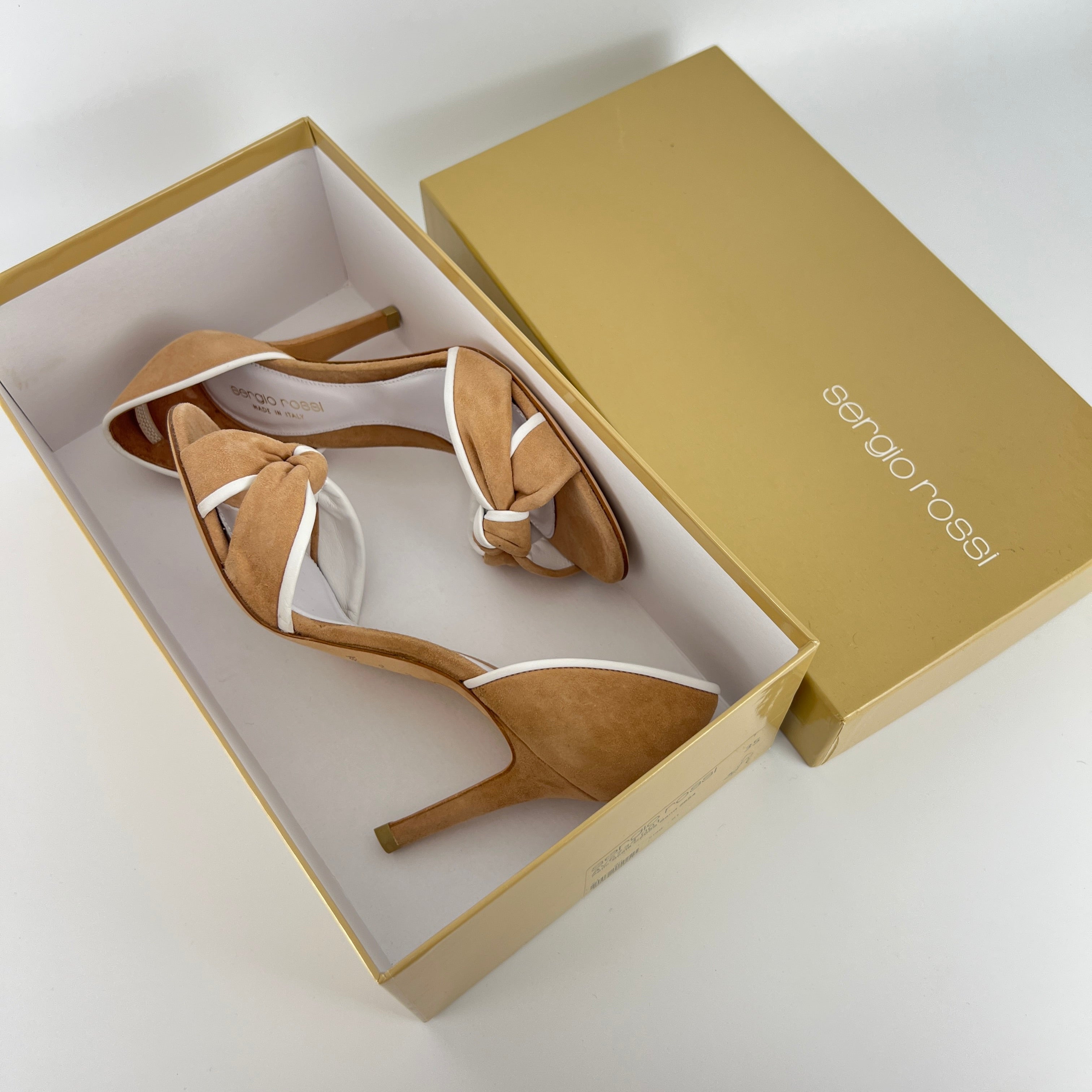 Sergio Rossi | Beige Tan Suede White Leather Knotted Strap D'Orsay Pumps (35)