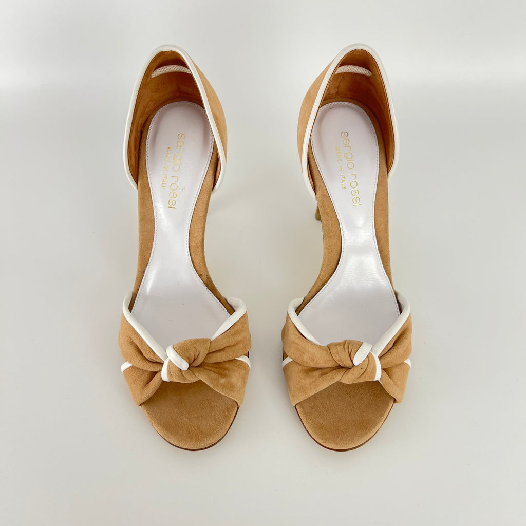 Sergio Rossi | Beige Tan Suede White Leather Knotted Strap D'Orsay Pumps (35)