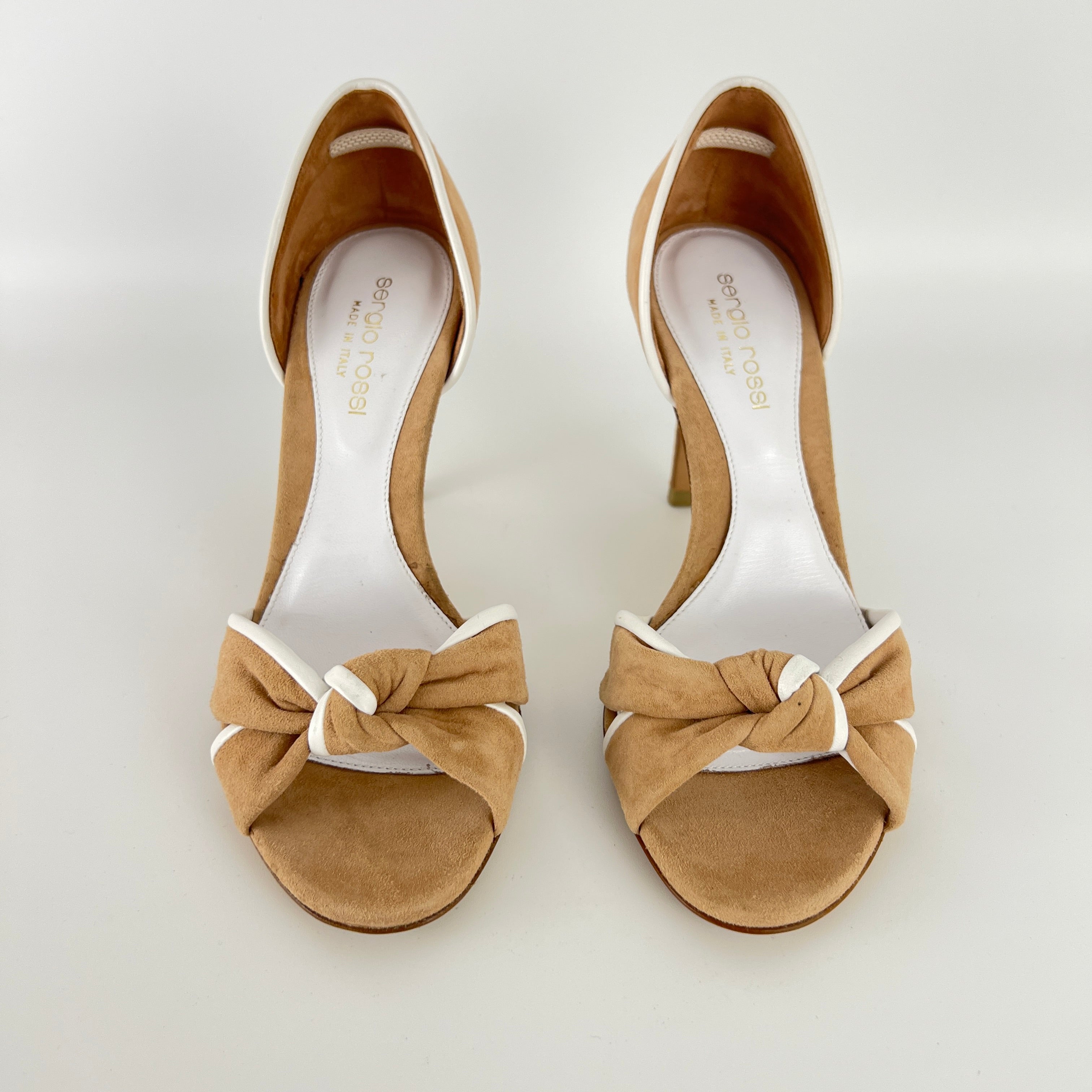 Sergio Rossi | Beige Tan Suede White Leather Knotted Strap D'Orsay Pumps (35)