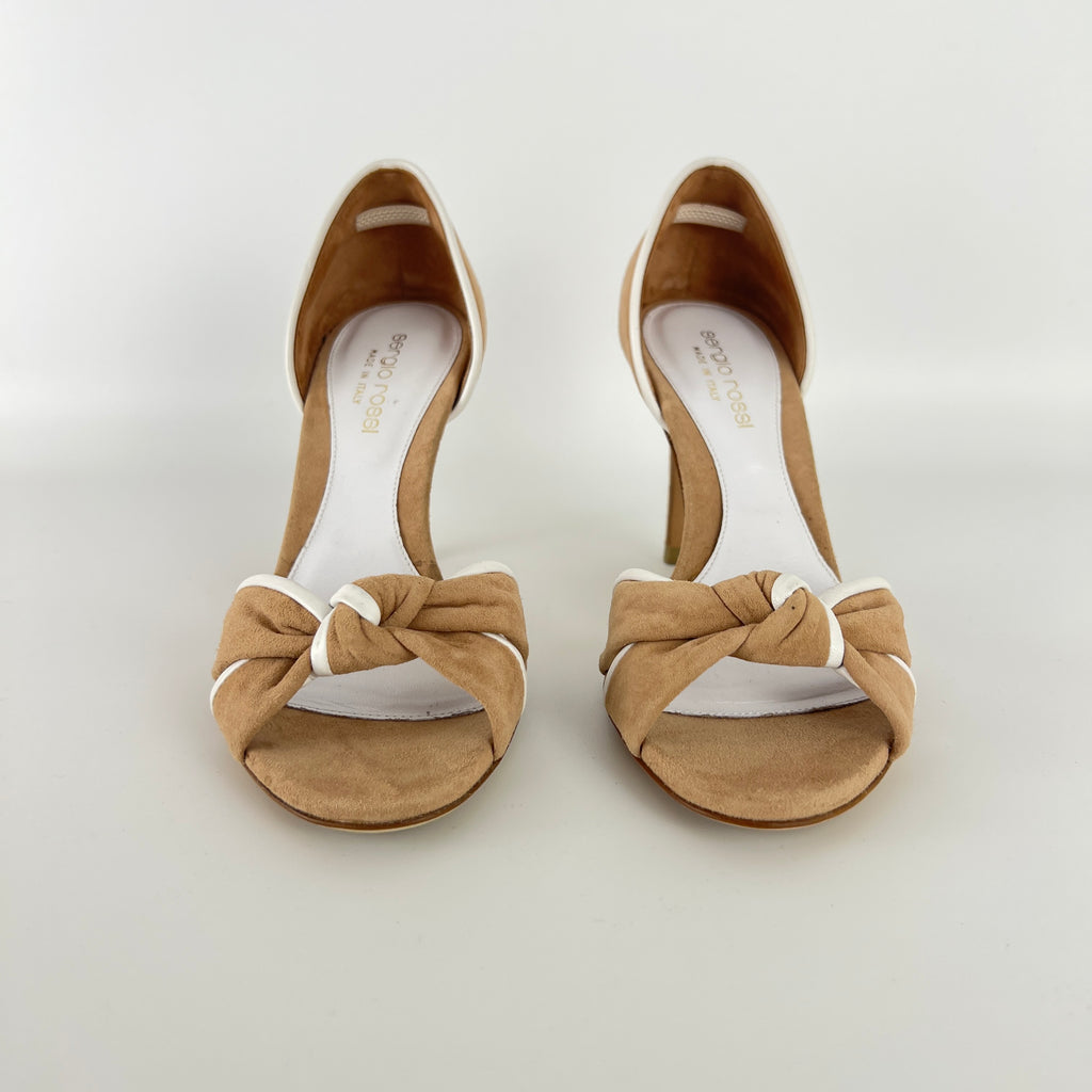 Sergio Rossi | Beige Tan Suede White Leather Knotted Strap D'Orsay Pumps (35)