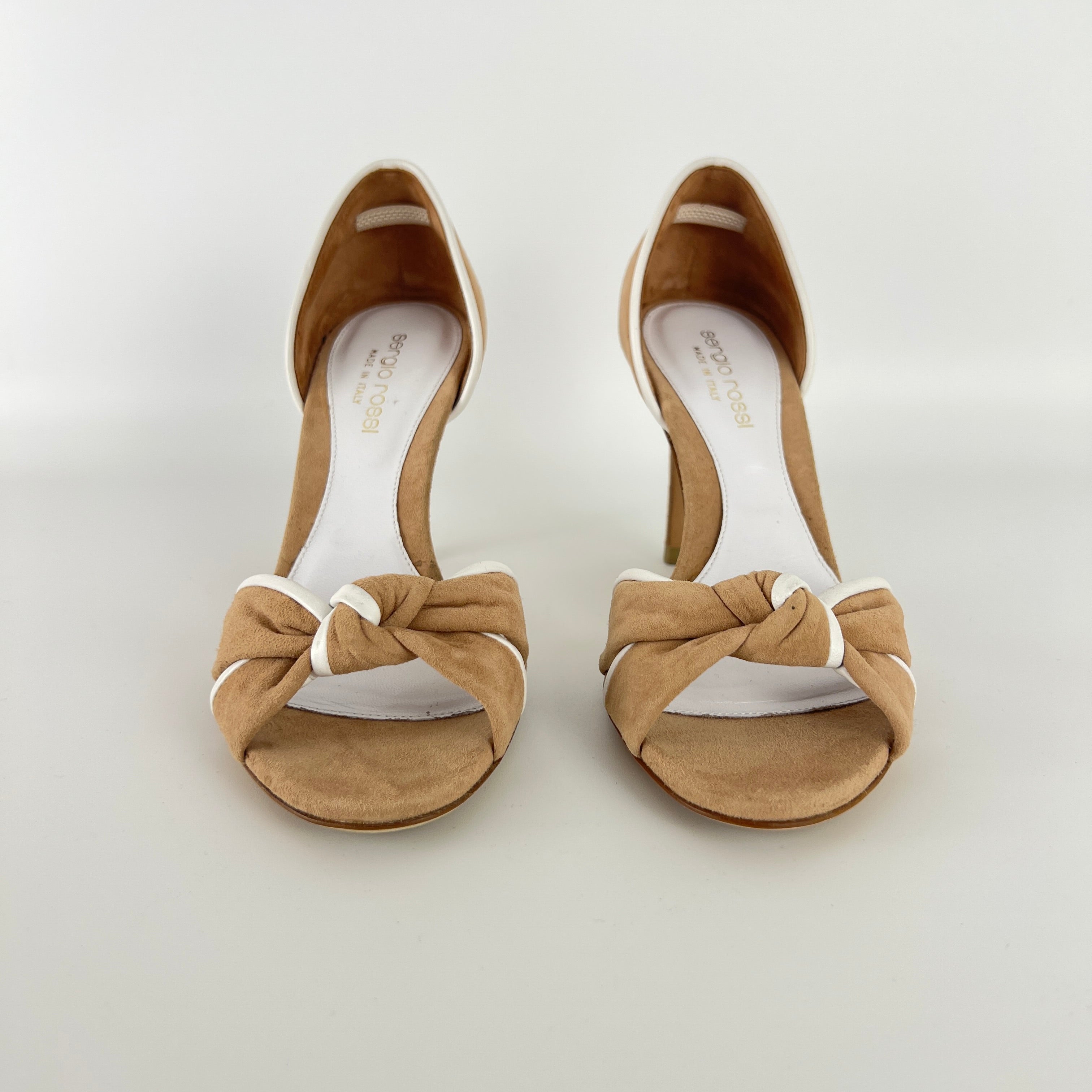 Sergio Rossi | Beige Tan Suede White Leather Knotted Strap D'Orsay Pumps (35)