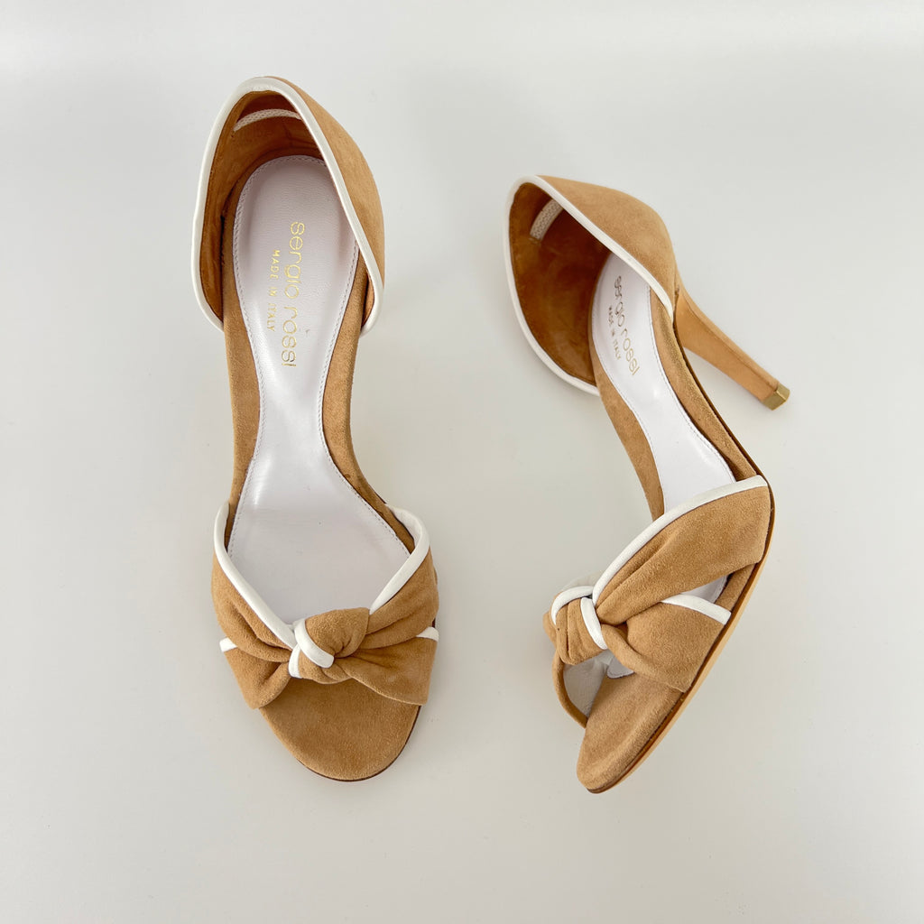 Sergio Rossi | Beige Tan Suede White Leather Knotted Strap D'Orsay Pumps (35)