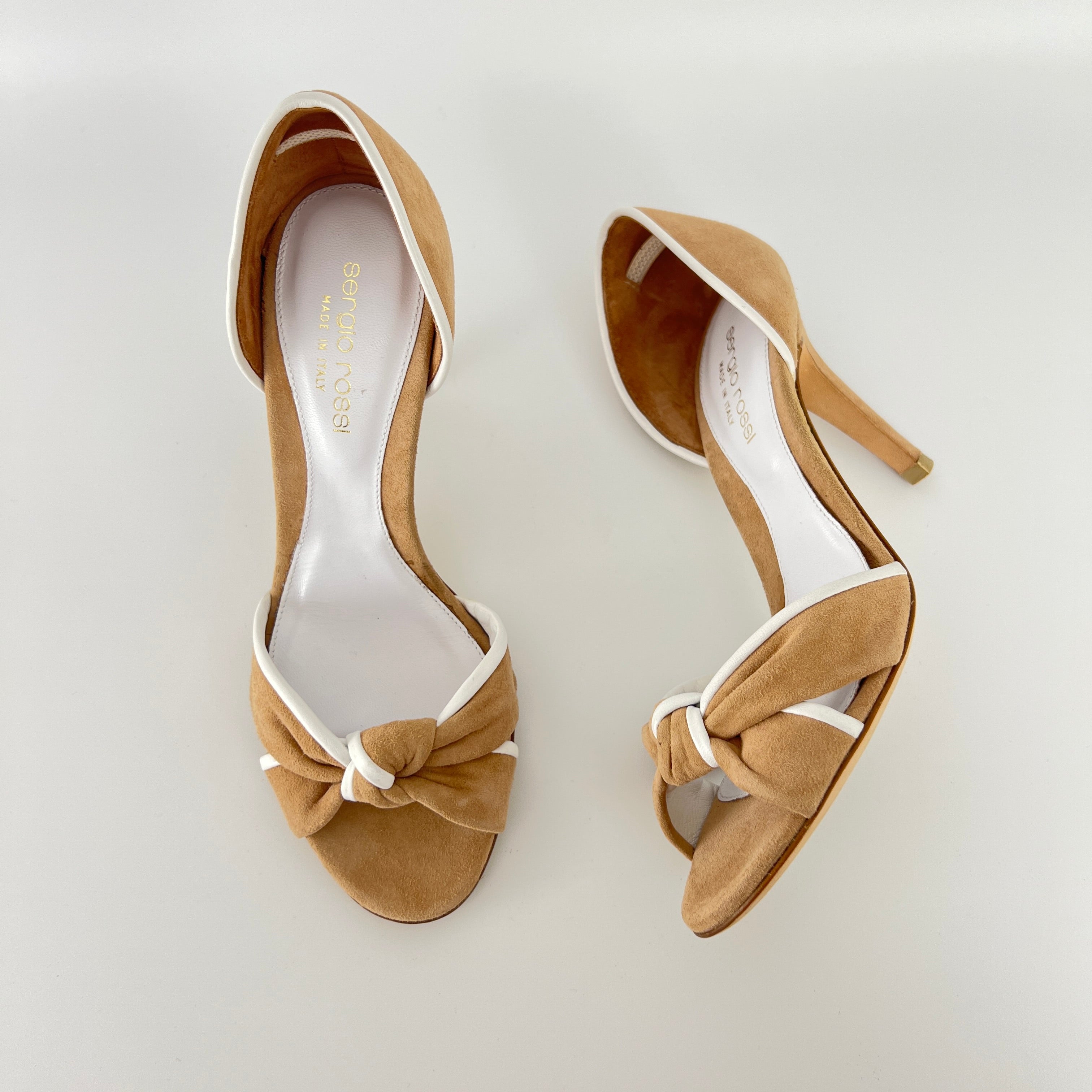 Sergio Rossi | Beige Tan Suede White Leather Knotted Strap D'Orsay Pumps (35)